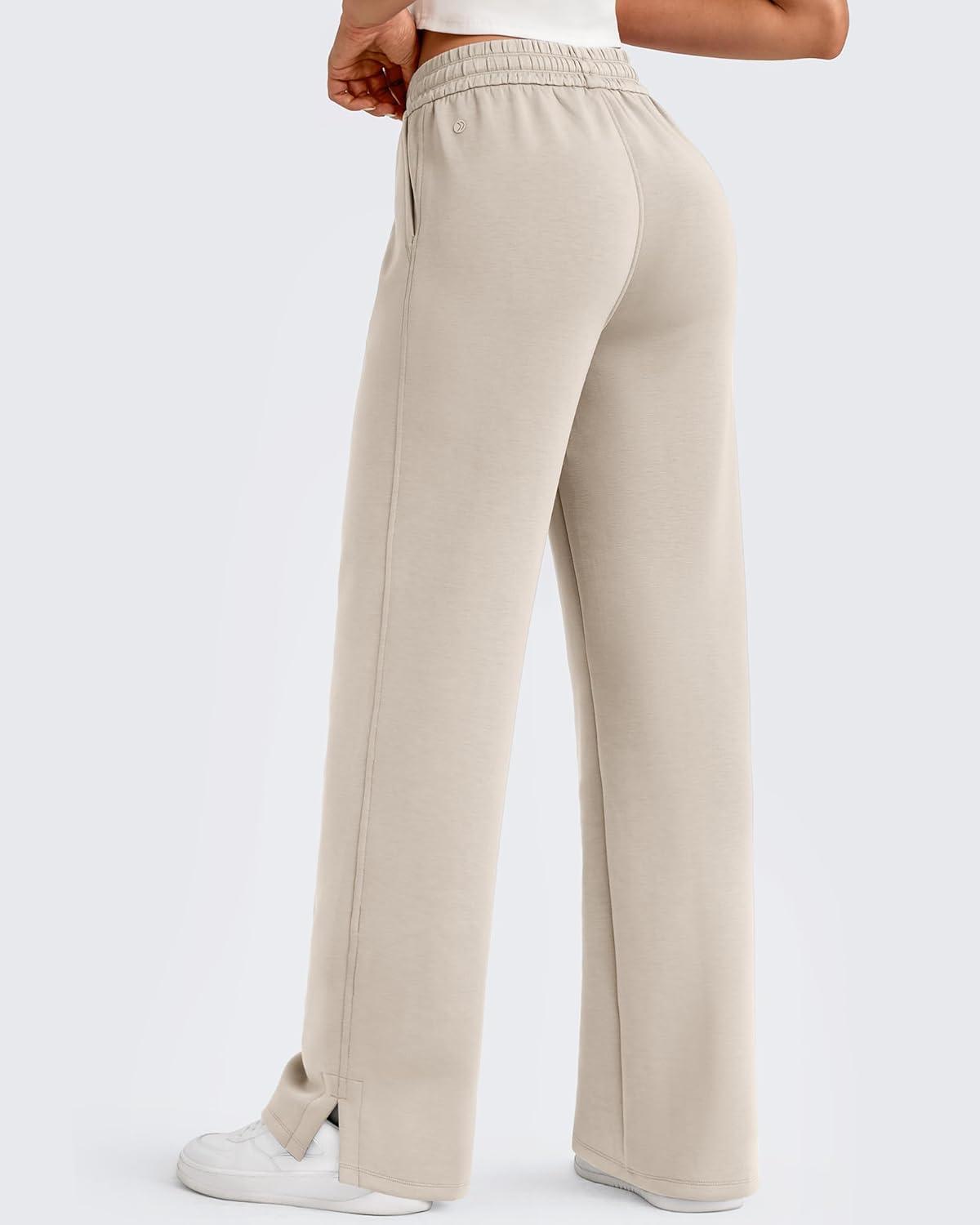 imageG4Free Smoofit Modal Soft Womens Wide Leg Sweatpants High Waisted Drawstring Side Slit Casual Lounge Pants with PocketsLight Khaki