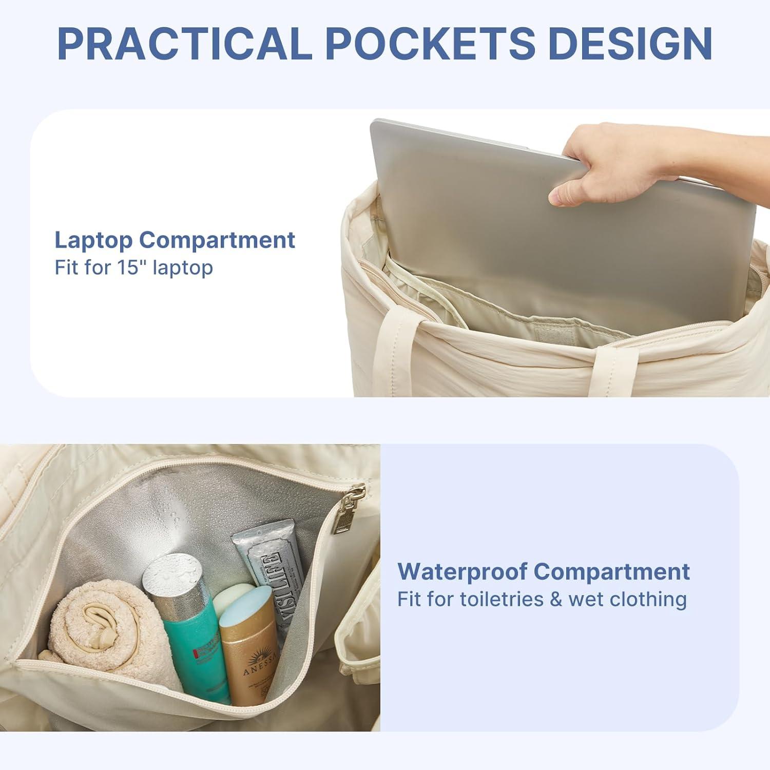 imageG4Free Tote Bag for Women Puffer Casual Shoulder Bag with Cup Holder and Laptop Compartment for Travel Work GymBeige