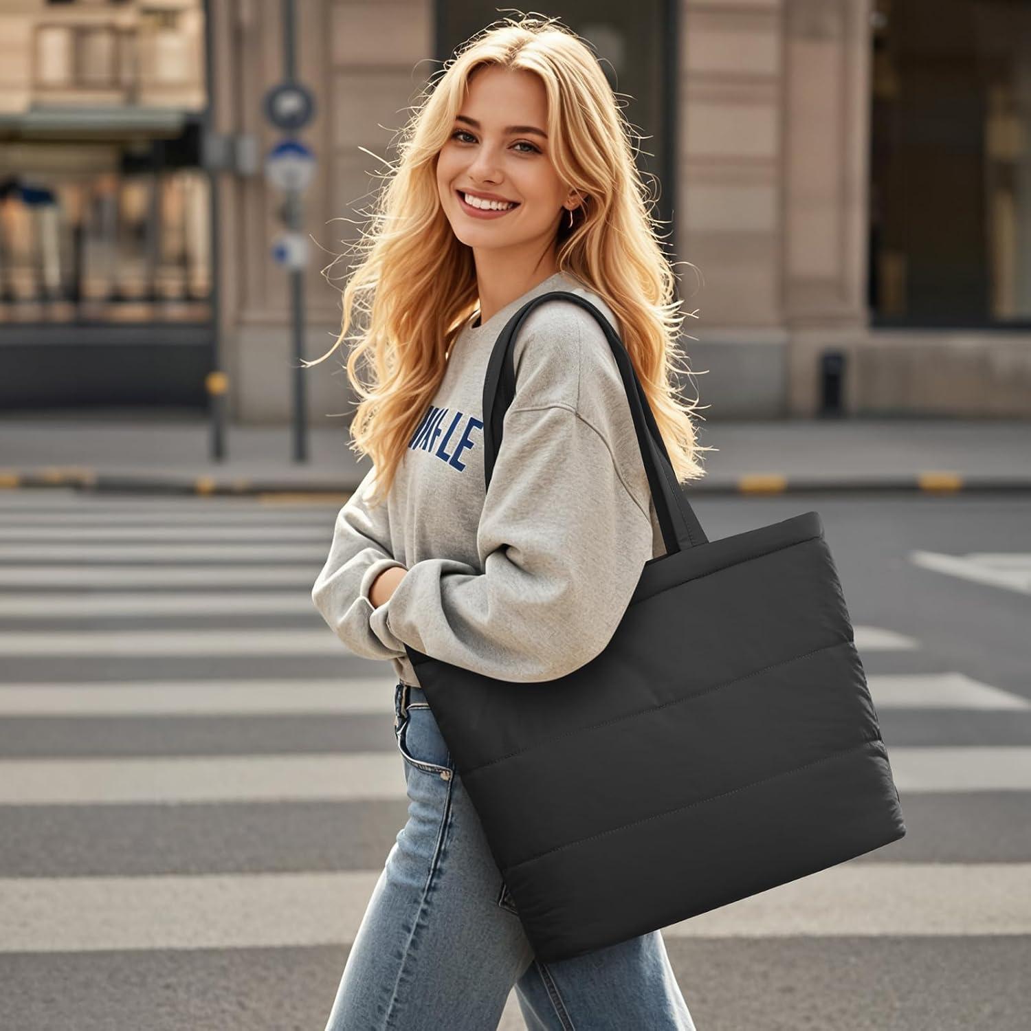 imageG4Free Tote Bag for Women Puffer Casual Shoulder Bag with Cup Holder and Laptop Compartment for Travel Work GymBlack