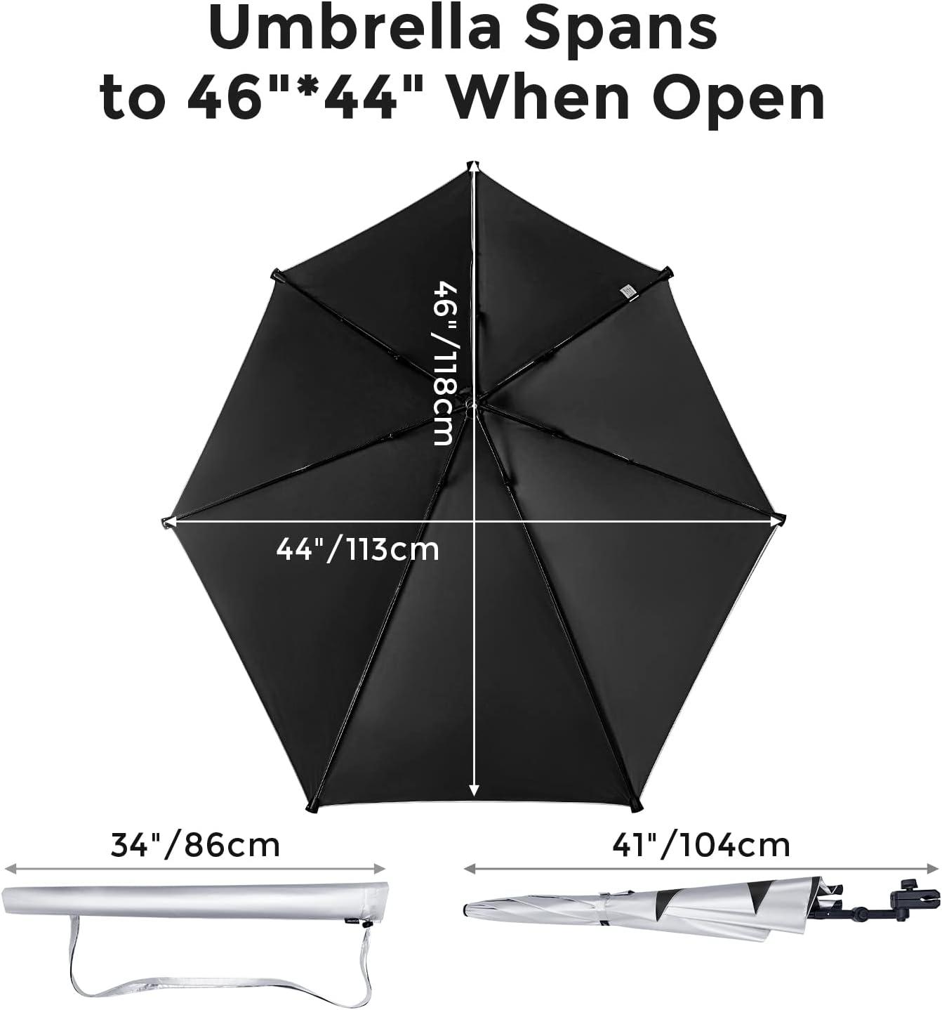 imageG4Free UPF 50 Adjustable Beach Umbrella XL with Universal Clamp for Chair Stroller Wheelchair Golf Cart Bleacher PatioBlackSilver