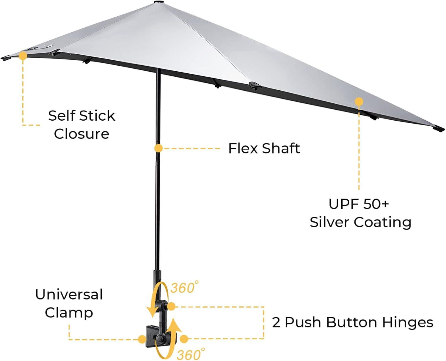 imageG4Free UPF 50 Adjustable Beach Umbrella XL with Universal Clamp for Chair Stroller Wheelchair Golf Cart Bleacher PatioBlackSilver