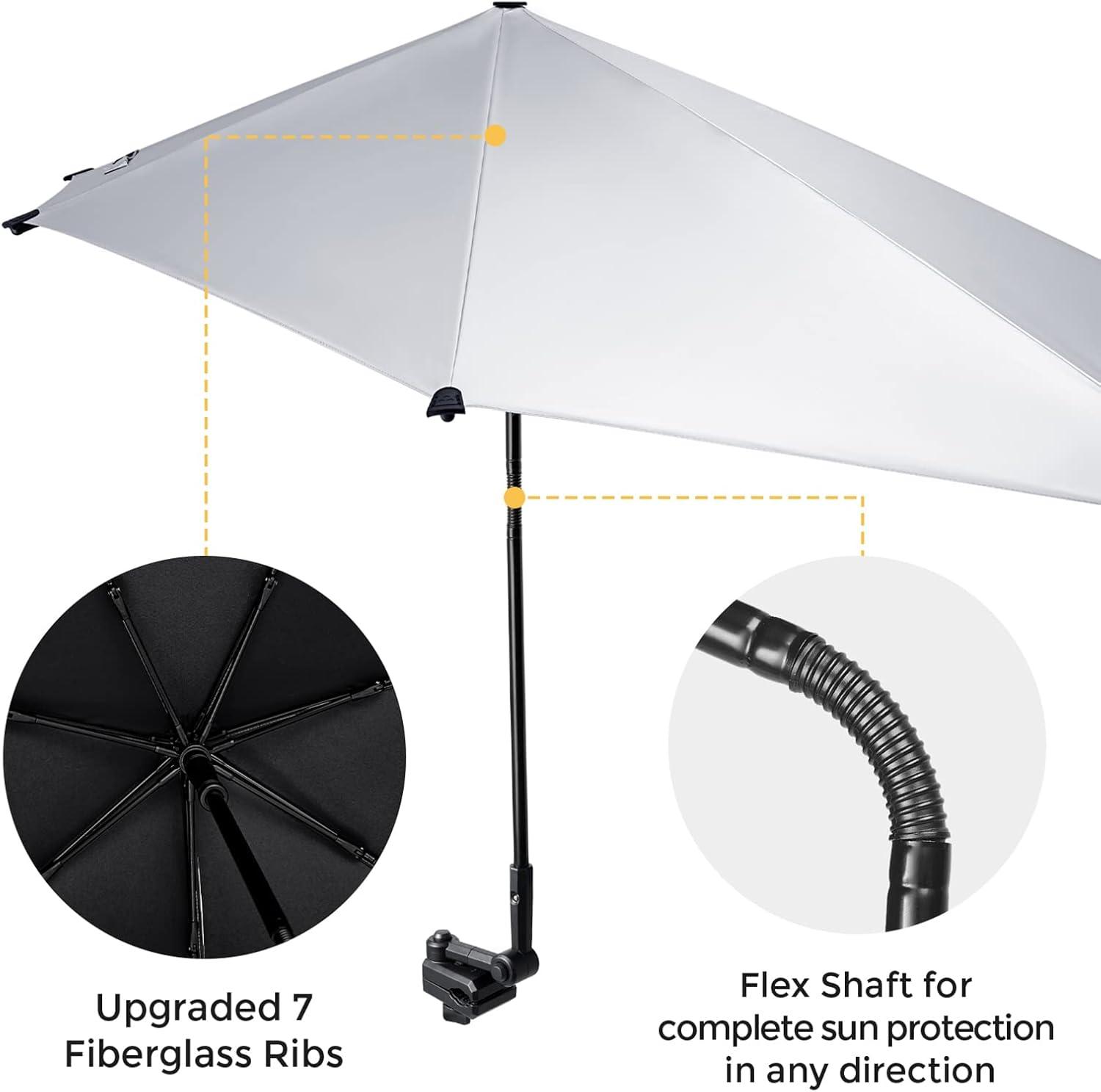 imageG4Free UPF 50 Adjustable Beach Umbrella XL with Universal Clamp for Chair Stroller Wheelchair Golf Cart Bleacher PatioBlackSilver