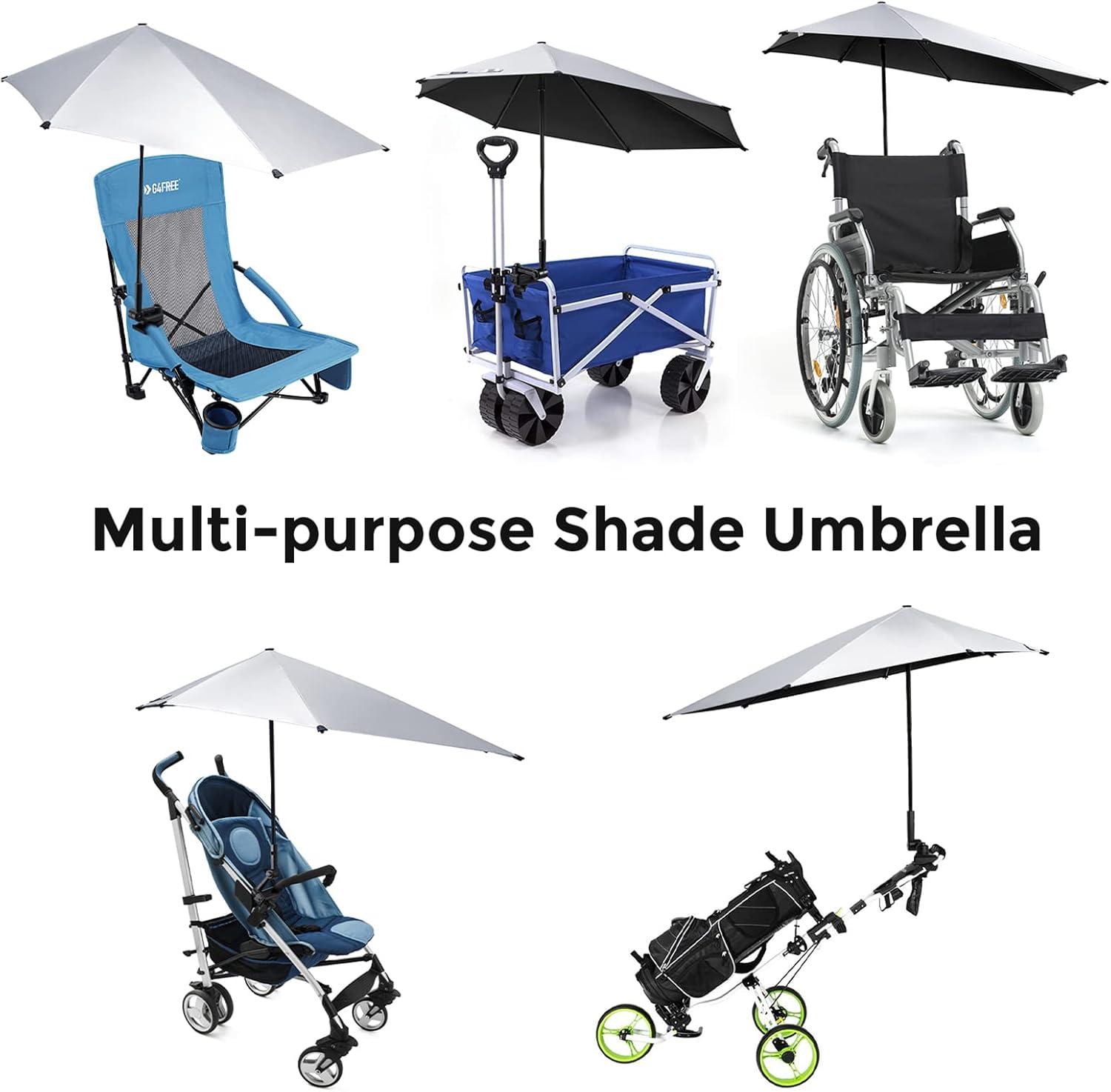 imageG4Free UPF 50 Adjustable Beach Umbrella XL with Universal Clamp for Chair Stroller Wheelchair Golf Cart Bleacher PatioBlackSilver