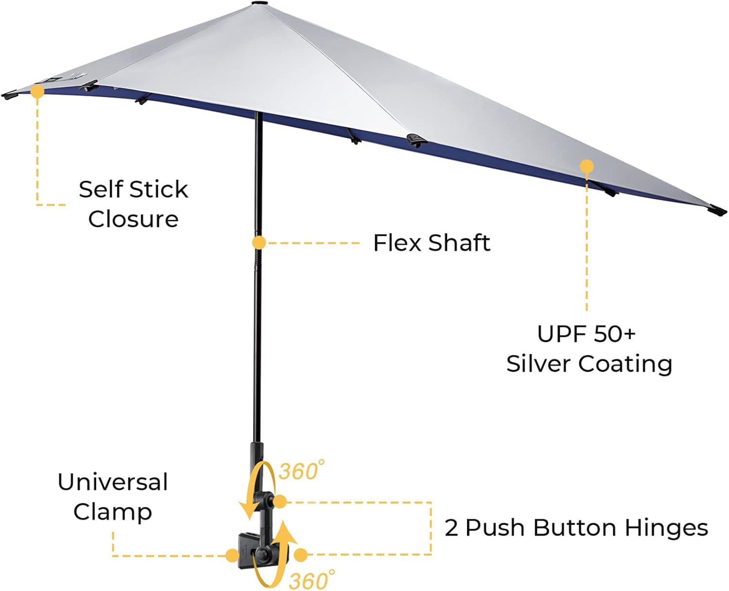imageG4Free UPF 50 Adjustable Beach Umbrella XL with Universal Clamp for Chair Stroller Wheelchair Golf Cart Bleacher PatioBlueSilver