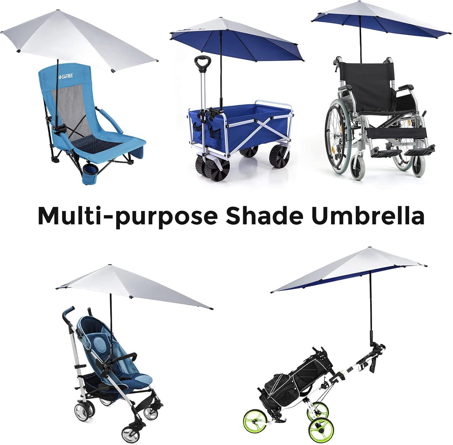 imageG4Free UPF 50 Adjustable Beach Umbrella XL with Universal Clamp for Chair Stroller Wheelchair Golf Cart Bleacher PatioBlueSilver