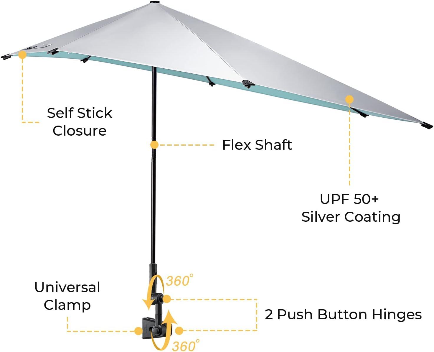 imageG4Free UPF 50 Adjustable Beach Umbrella XL with Universal Clamp for Chair Stroller Wheelchair Golf Cart Bleacher PatioLake BlueSilver