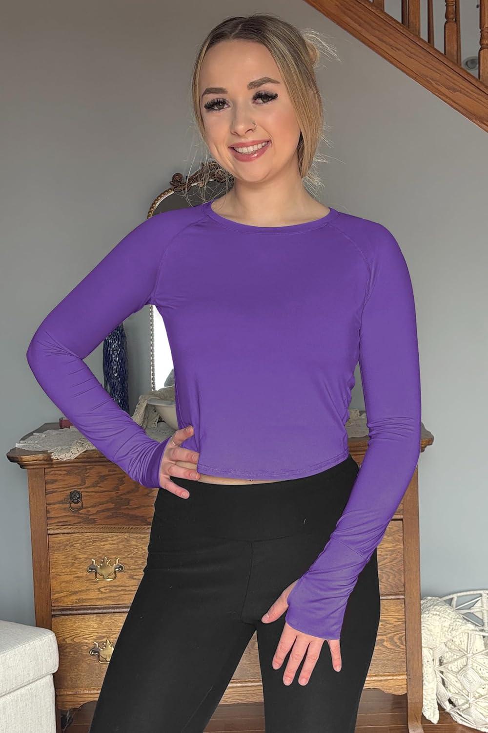 imageG4Free UPF 50 Rash Guard for Women Long Sleeve Workout Tops Lightweight Crop Length Sun Shirts UV Protection Athletic HikingDark Purple