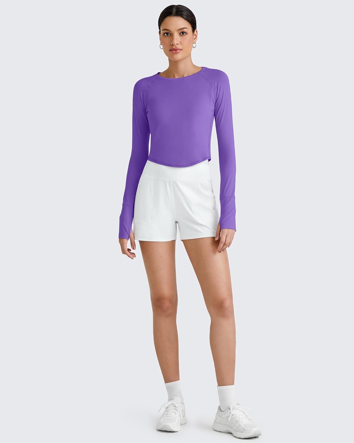 imageG4Free UPF 50 Rash Guard for Women Long Sleeve Workout Tops Lightweight Crop Length Sun Shirts UV Protection Athletic HikingDark Purple