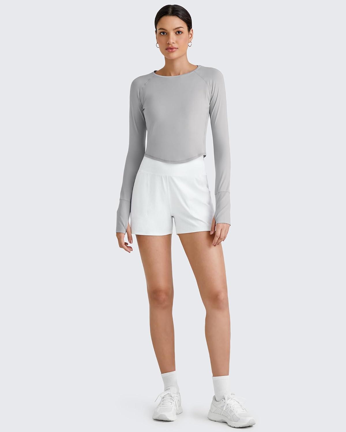 imageG4Free UPF 50 Rash Guard for Women Long Sleeve Workout Tops Lightweight Crop Length Sun Shirts UV Protection Athletic HikingGrey