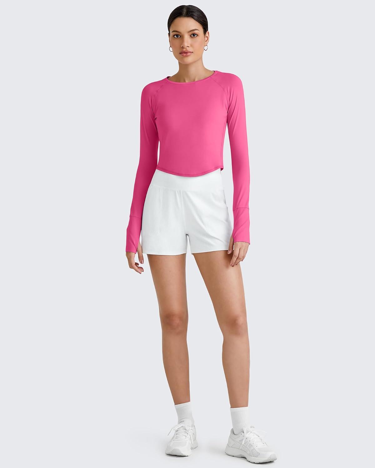imageG4Free UPF 50 Rash Guard for Women Long Sleeve Workout Tops Lightweight Crop Length Sun Shirts UV Protection Athletic HikingHot Pink