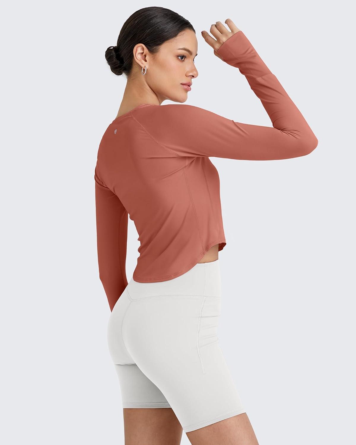 imageG4Free UPF 50 Rash Guard for Women Long Sleeve Workout Tops Lightweight Crop Length Sun Shirts UV Protection Athletic HikingJam Brown