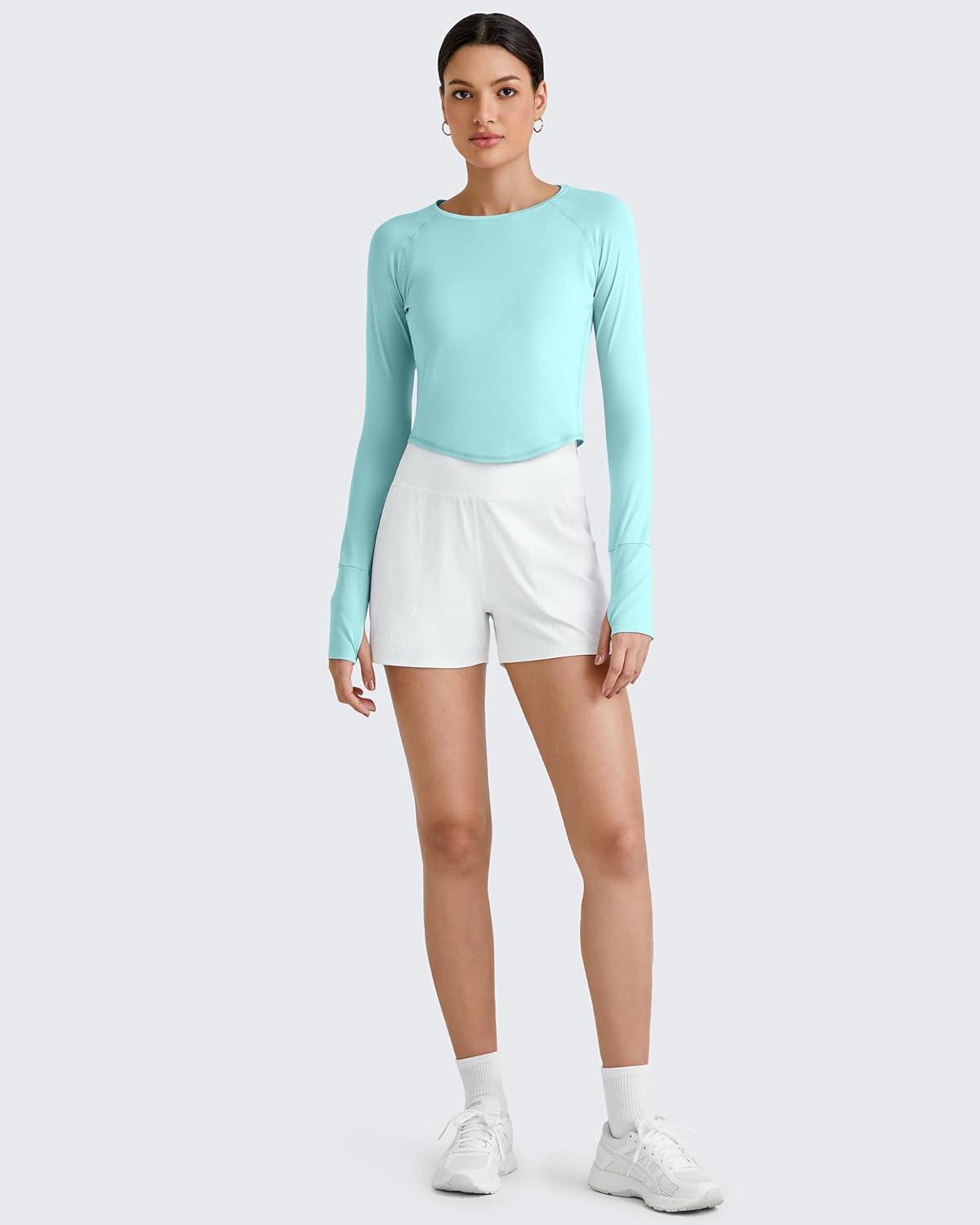 imageG4Free UPF 50 Rash Guard for Women Long Sleeve Workout Tops Lightweight Crop Length Sun Shirts UV Protection Athletic HikingLight Blue