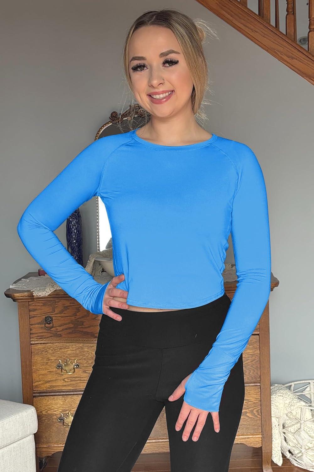 imageG4Free UPF 50 Rash Guard for Women Long Sleeve Workout Tops Lightweight Crop Length Sun Shirts UV Protection Athletic HikingOcean Blue