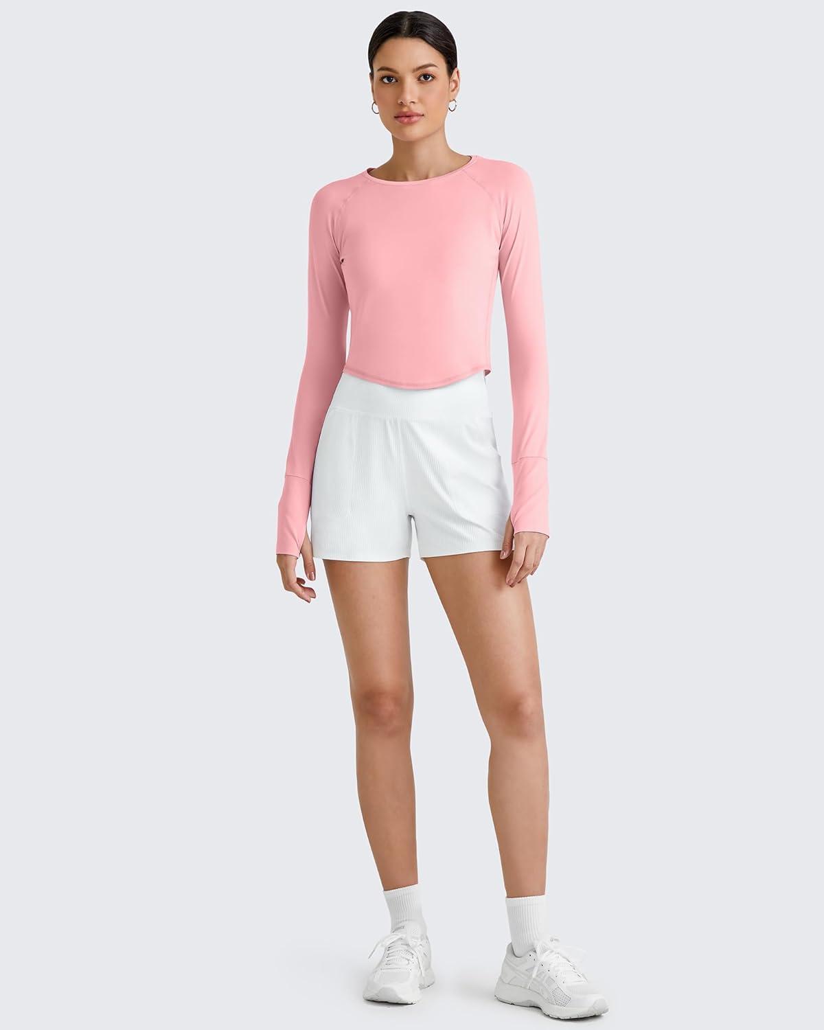 imageG4Free UPF 50 Rash Guard for Women Long Sleeve Workout Tops Lightweight Crop Length Sun Shirts UV Protection Athletic HikingPink