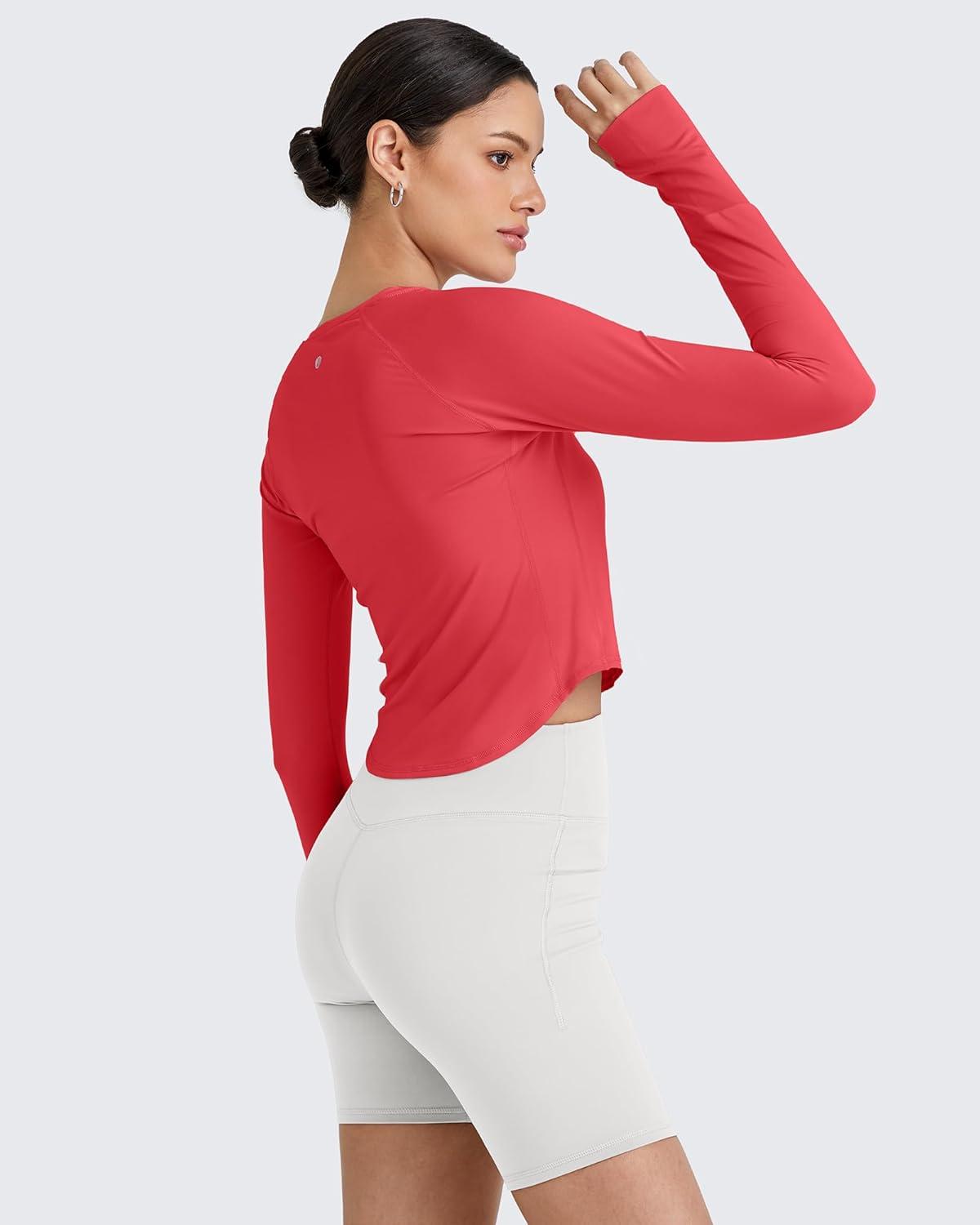 imageG4Free UPF 50 Rash Guard for Women Long Sleeve Workout Tops Lightweight Crop Length Sun Shirts UV Protection Athletic HikingRed