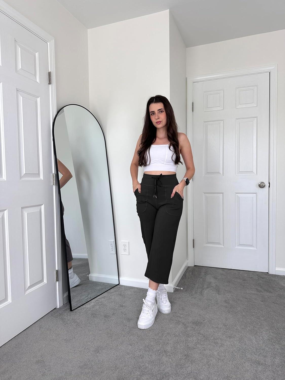 imageG4Free Wide Leg Capris Yoga Pants for Women with Pockets Summer High Waist Dress Pants for Workout Casual Pants 21quotBlack