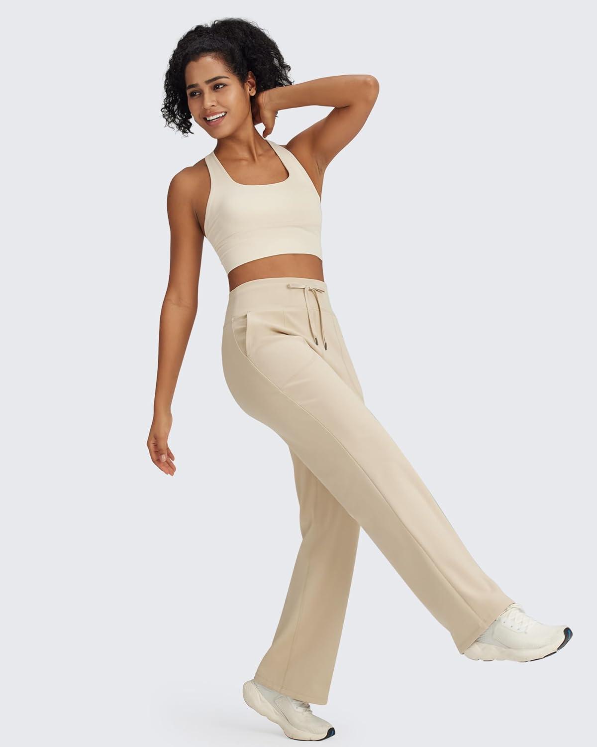 imageG4Free Wide Leg Fleece Lined Pants Women Drawstring Waist Winter Work Pants with Pockets for Casual OfficeKhaki