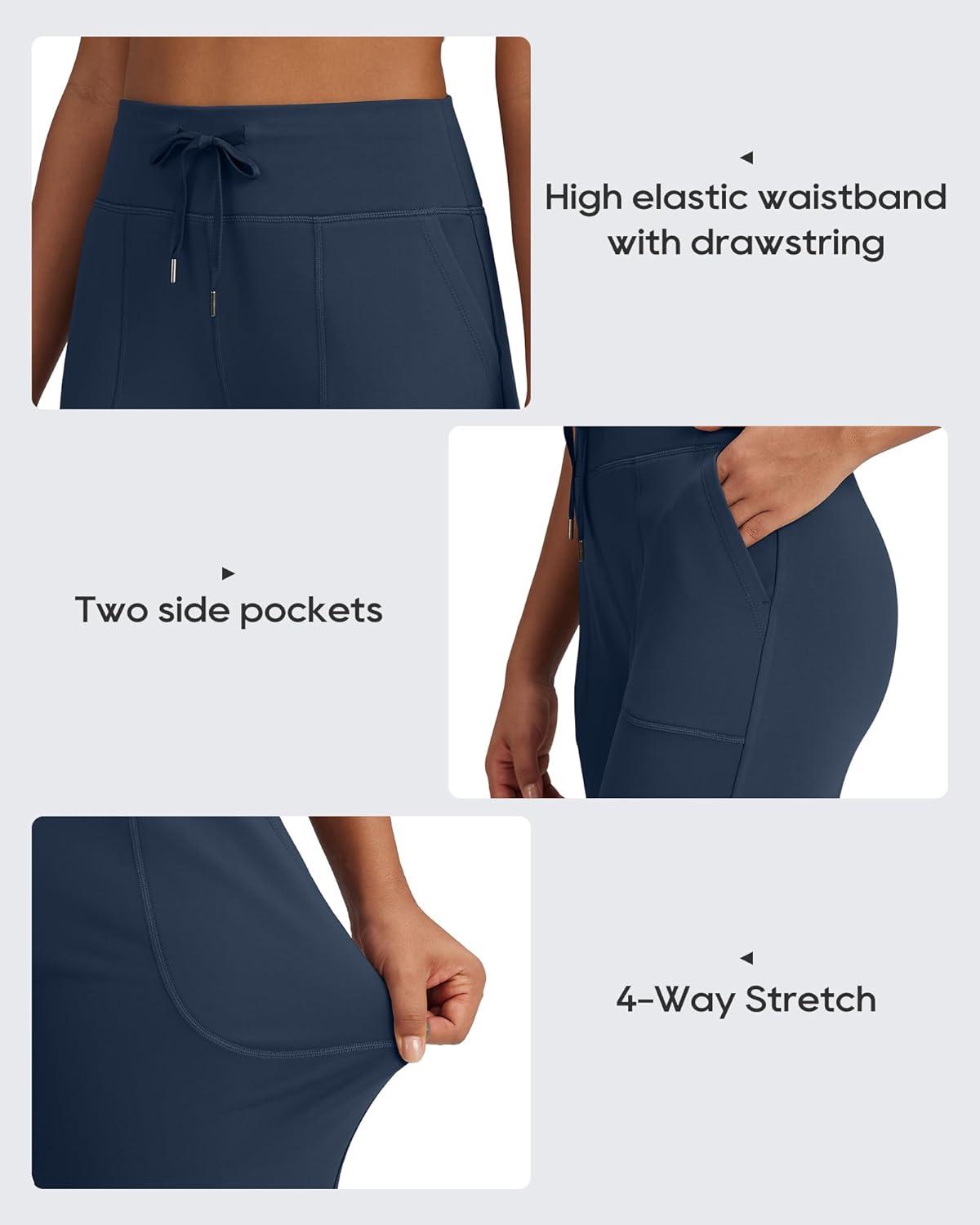 imageG4Free Wide Leg Fleece Lined Pants Women Drawstring Waist Winter Work Pants with Pockets for Casual OfficeNavy