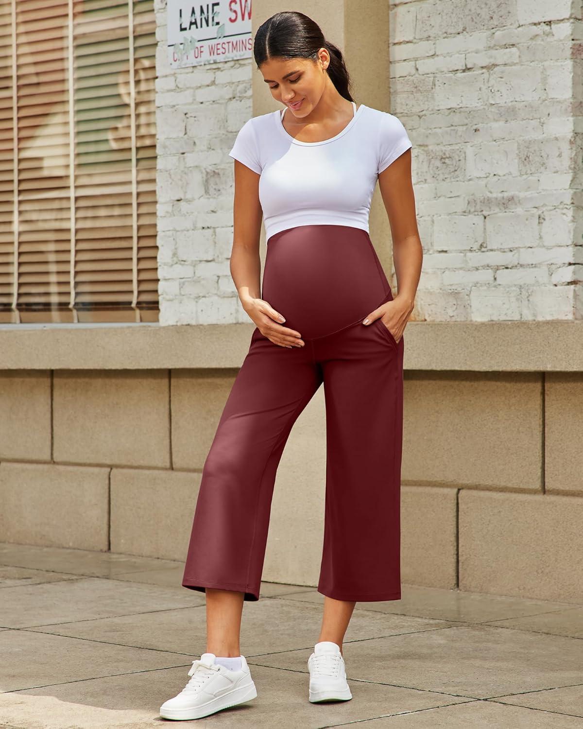 imageG4Free Wide Leg Maternity Yoga Capris Over The Belly Stretch Pregnancy Cropped Pants with PocketsDark Burgundy