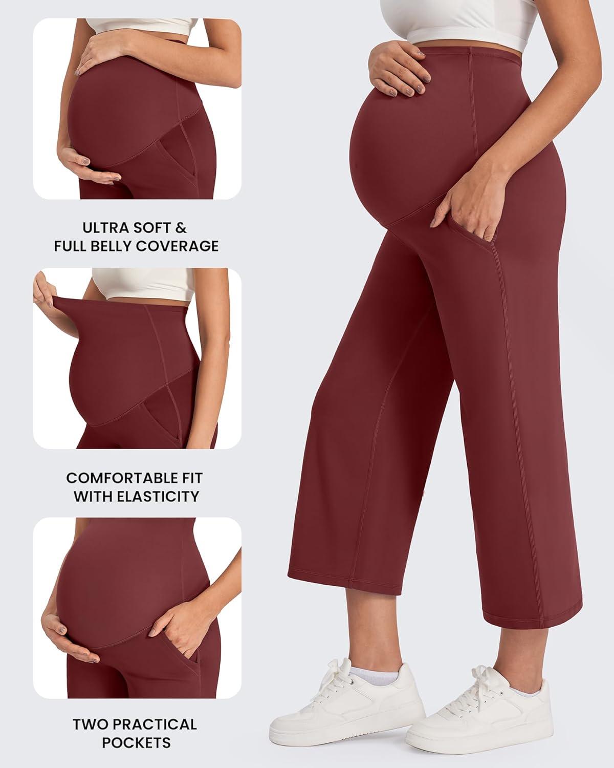 imageG4Free Wide Leg Maternity Yoga Capris Over The Belly Stretch Pregnancy Cropped Pants with PocketsDark Burgundy