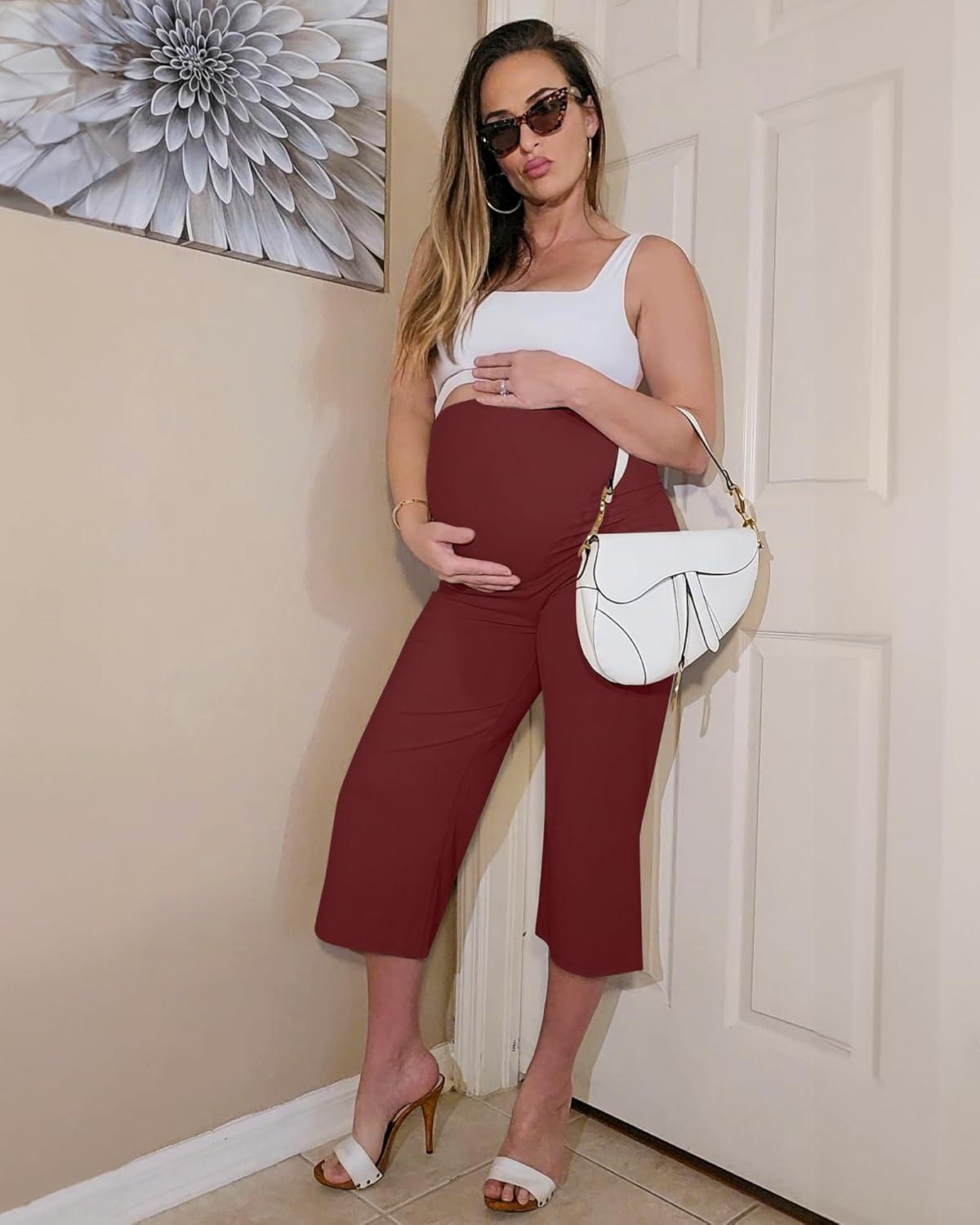 imageG4Free Wide Leg Maternity Yoga Capris Over The Belly Stretch Pregnancy Cropped Pants with PocketsDark Burgundy