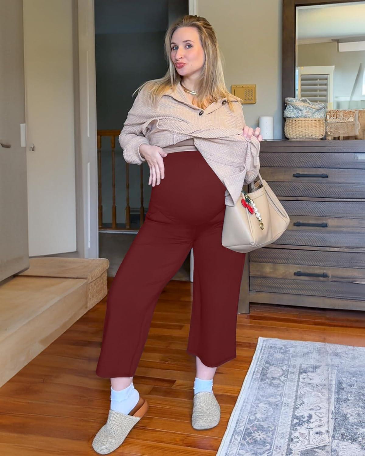 imageG4Free Wide Leg Maternity Yoga Capris Over The Belly Stretch Pregnancy Cropped Pants with PocketsDark Burgundy