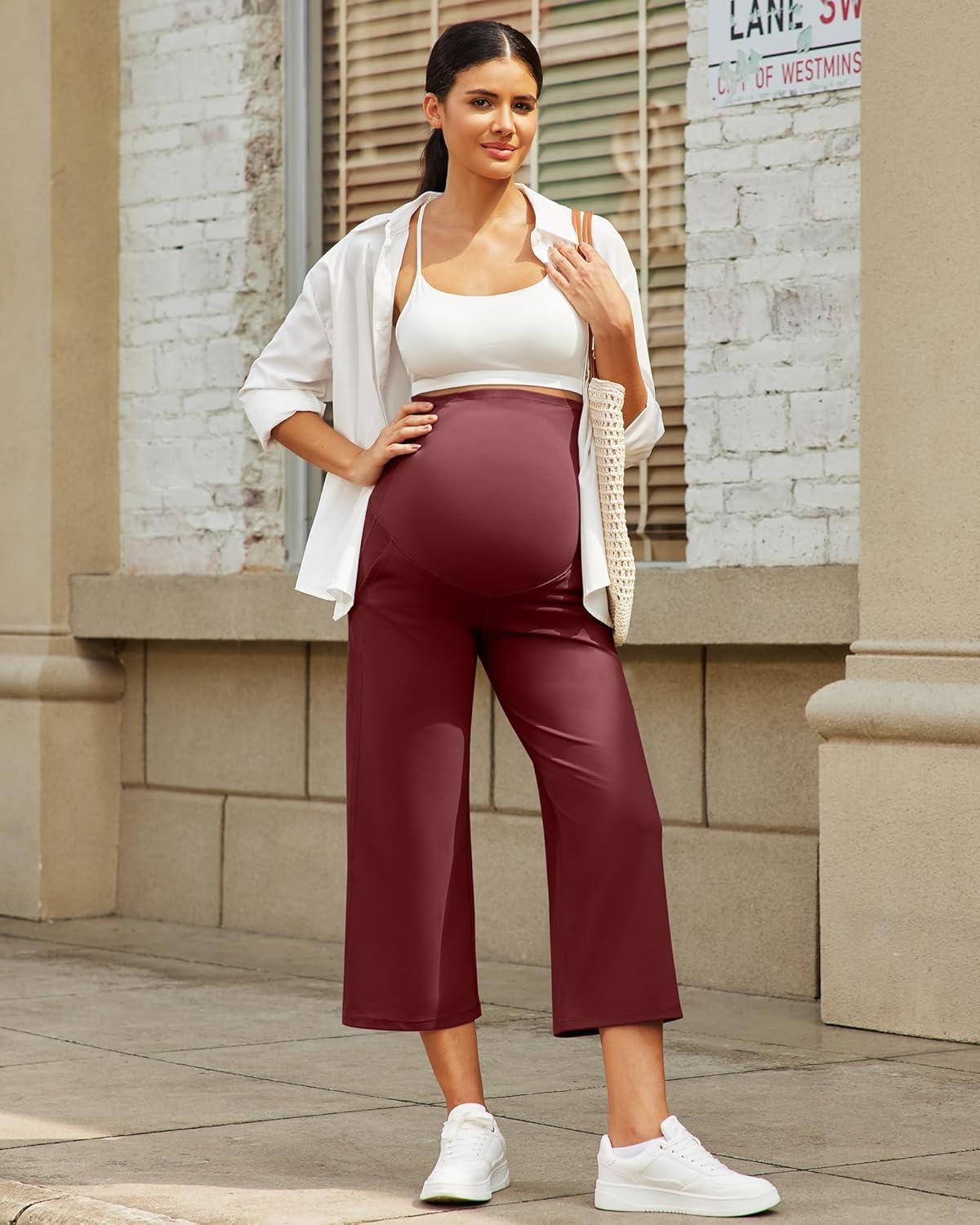 imageG4Free Wide Leg Maternity Yoga Capris Over The Belly Stretch Pregnancy Cropped Pants with PocketsDark Burgundy