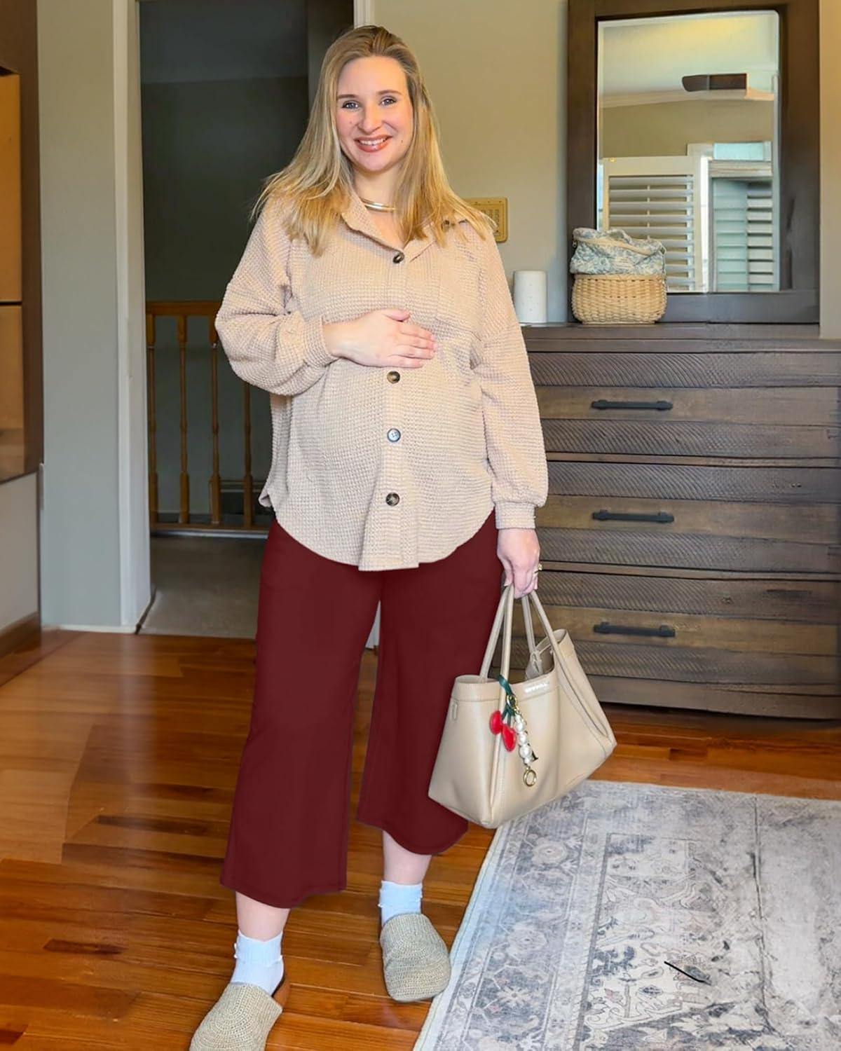 imageG4Free Wide Leg Maternity Yoga Capris Over The Belly Stretch Pregnancy Cropped Pants with PocketsDark Burgundy