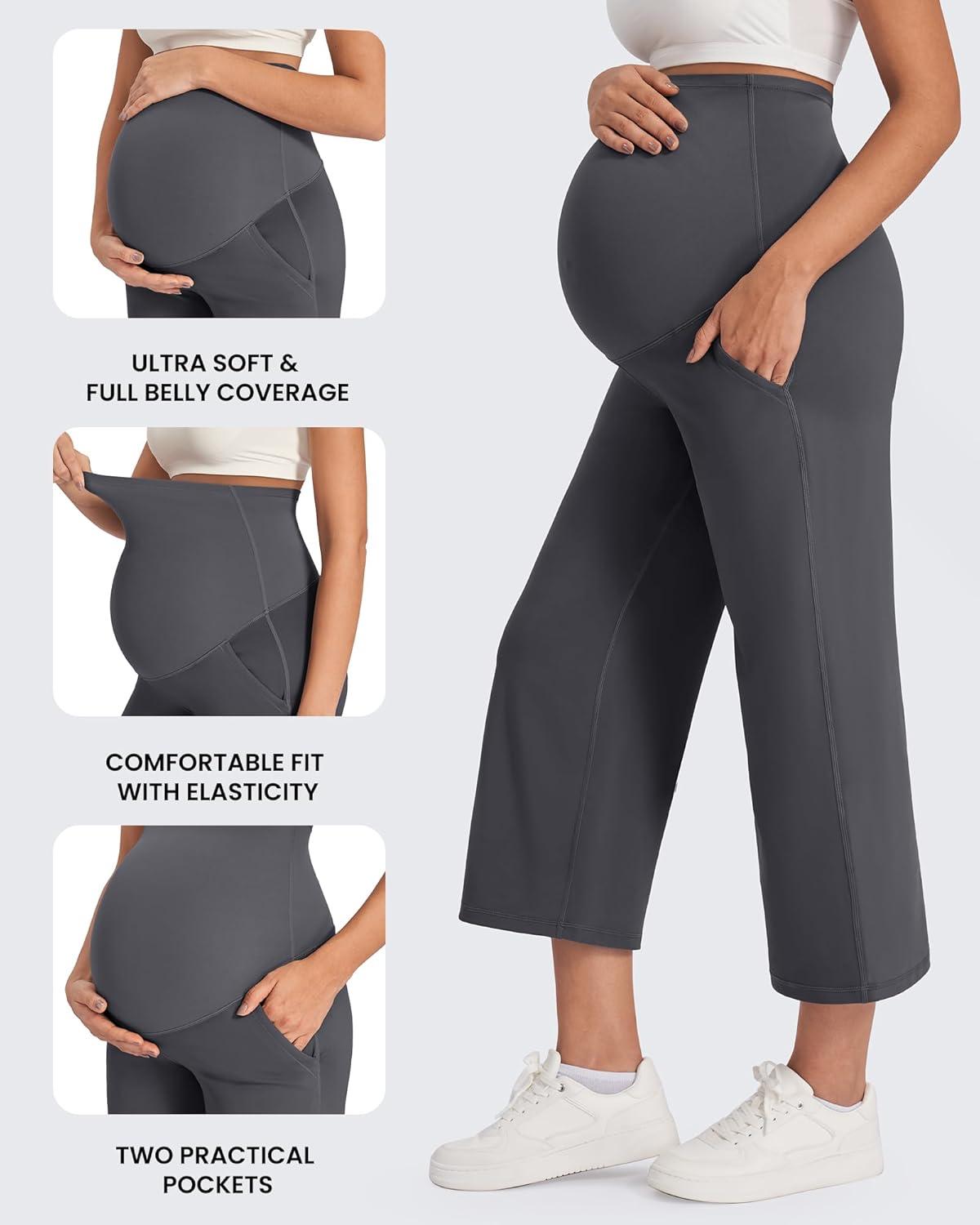 imageG4Free Wide Leg Maternity Yoga Capris Over The Belly Stretch Pregnancy Cropped Pants with PocketsDark Gray