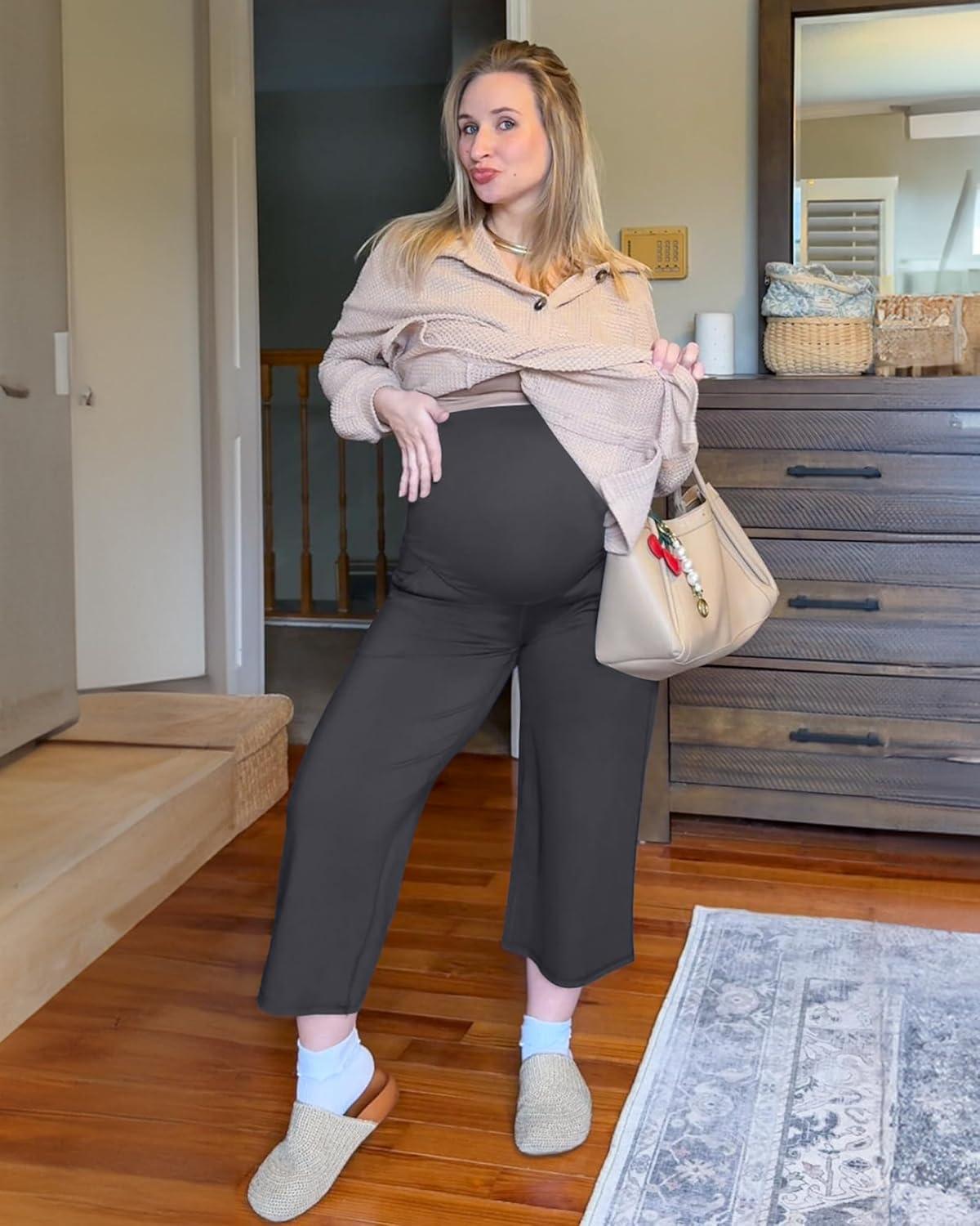 imageG4Free Wide Leg Maternity Yoga Capris Over The Belly Stretch Pregnancy Cropped Pants with PocketsDark Gray