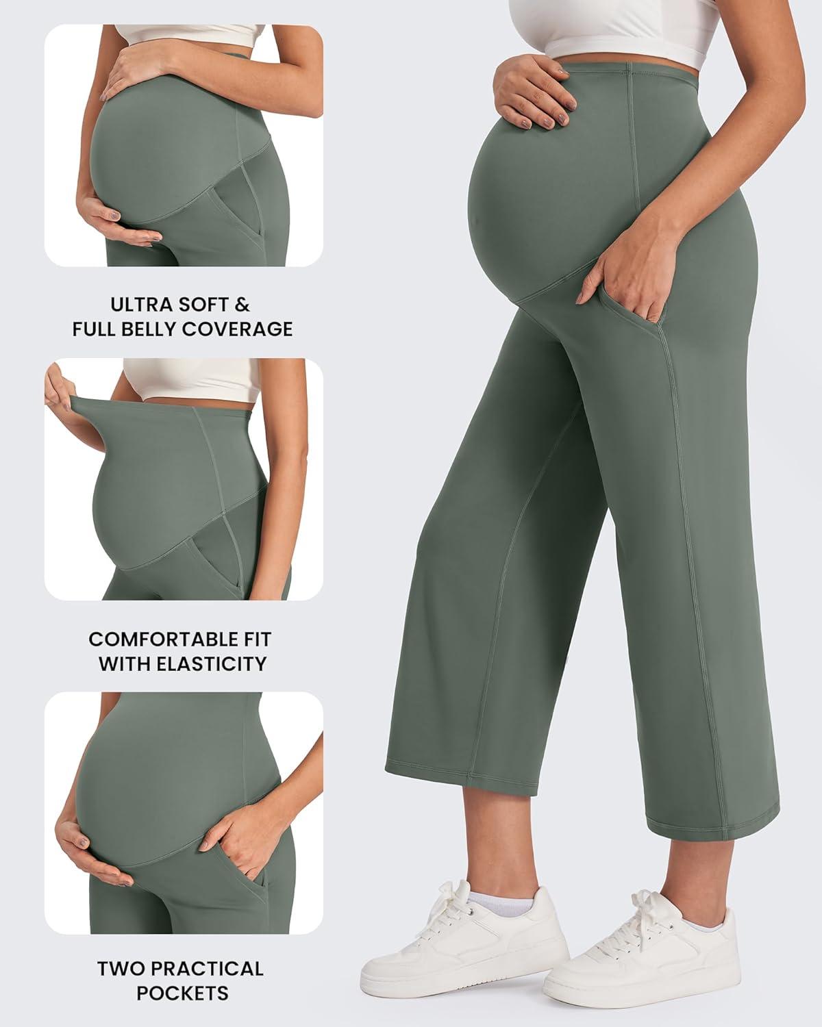 imageG4Free Wide Leg Maternity Yoga Capris Over The Belly Stretch Pregnancy Cropped Pants with PocketsGray Sage