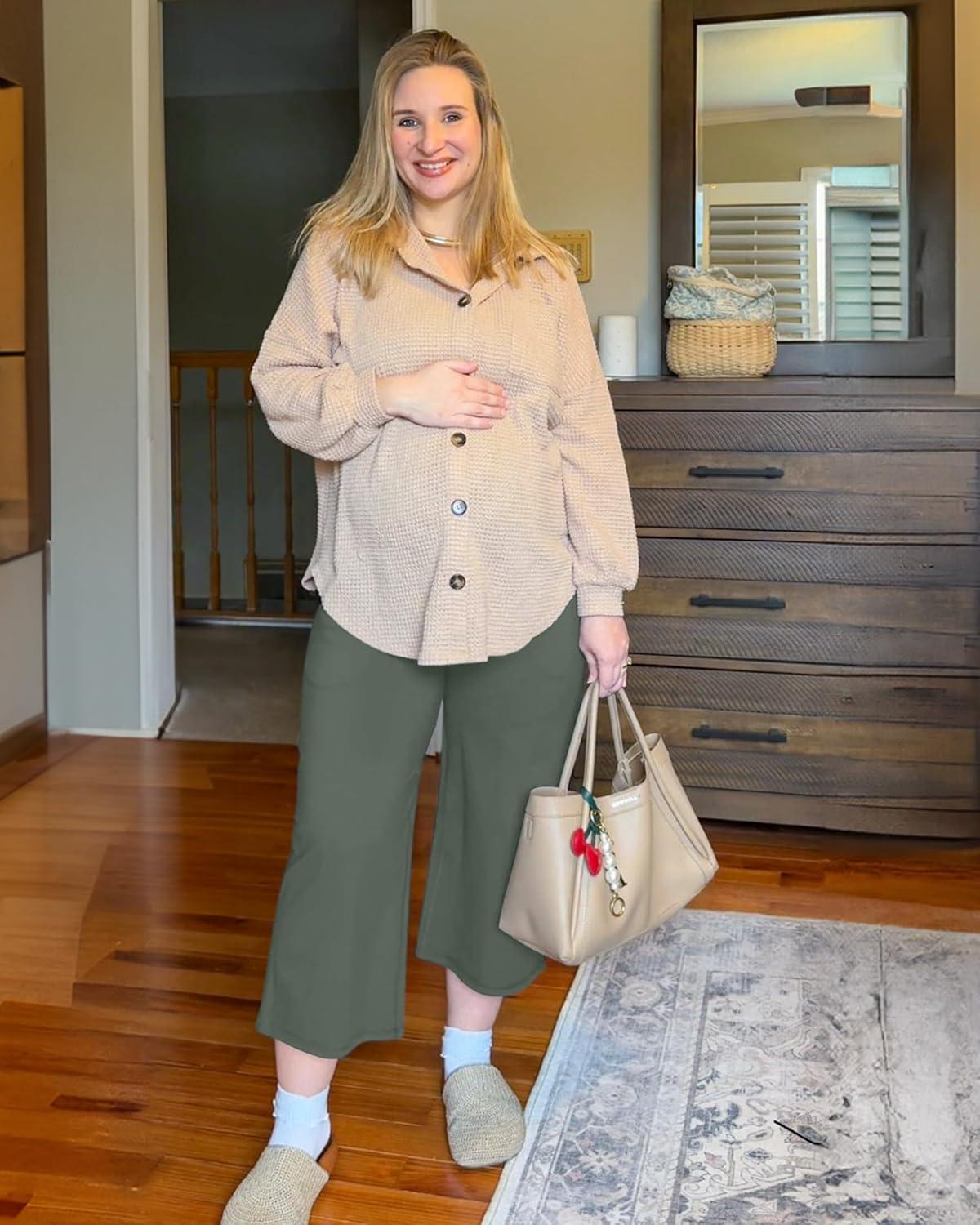 imageG4Free Wide Leg Maternity Yoga Capris Over The Belly Stretch Pregnancy Cropped Pants with PocketsGray Sage