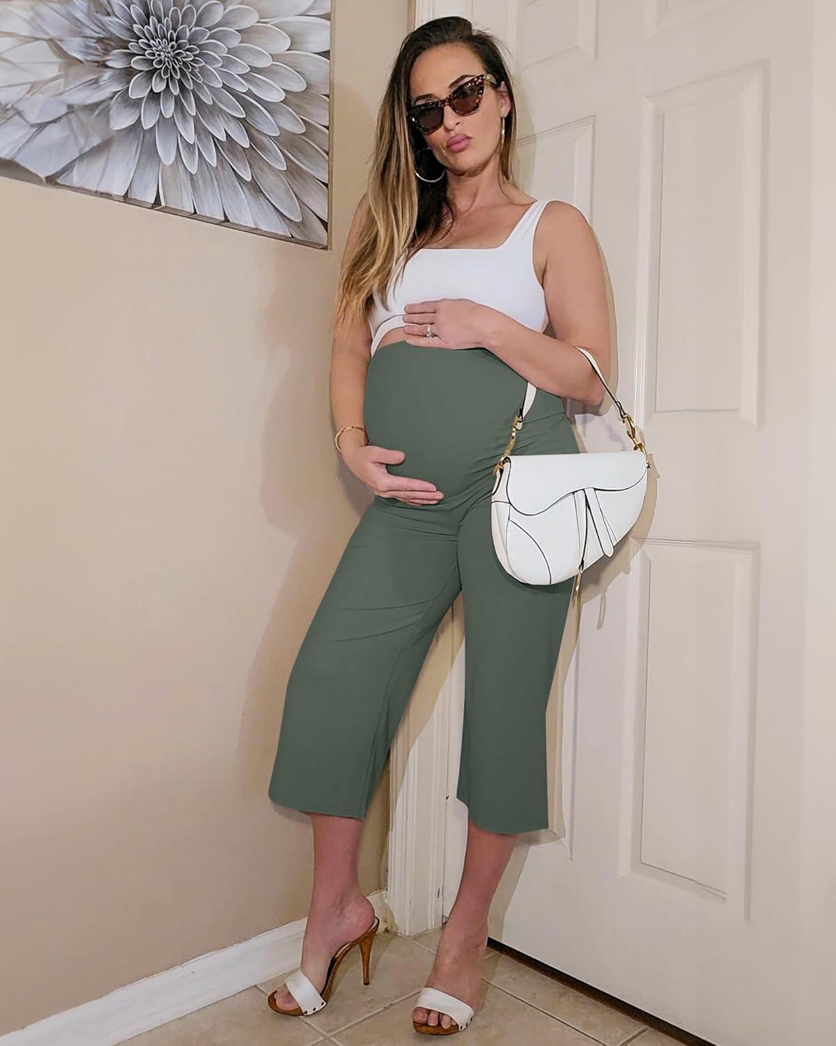 imageG4Free Wide Leg Maternity Yoga Capris Over The Belly Stretch Pregnancy Cropped Pants with PocketsGray Sage