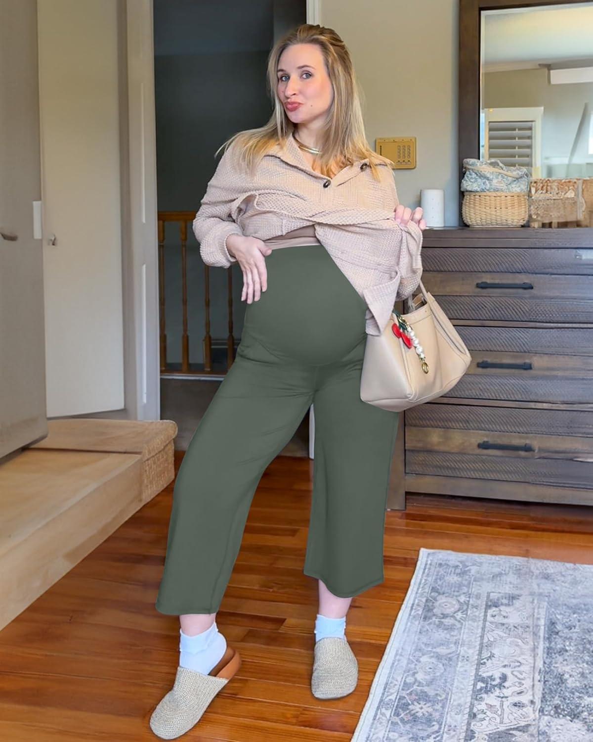 imageG4Free Wide Leg Maternity Yoga Capris Over The Belly Stretch Pregnancy Cropped Pants with PocketsGray Sage