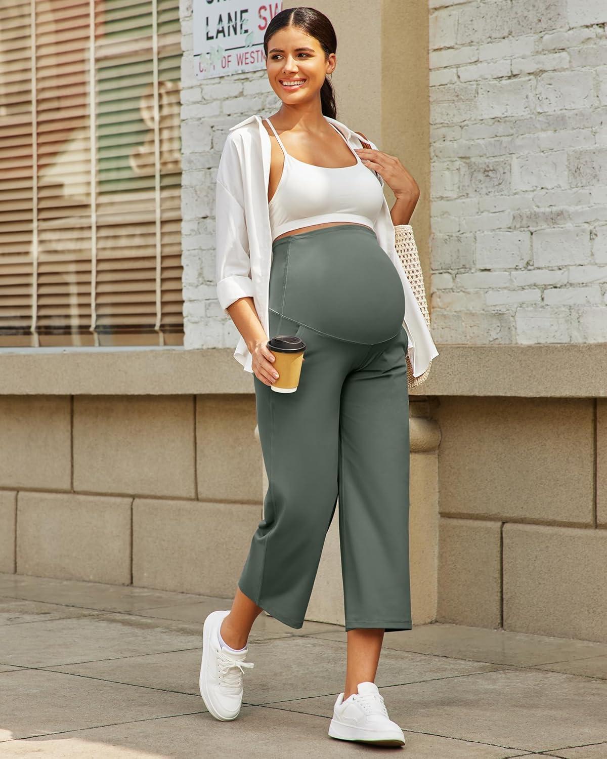 imageG4Free Wide Leg Maternity Yoga Capris Over The Belly Stretch Pregnancy Cropped Pants with PocketsGray Sage