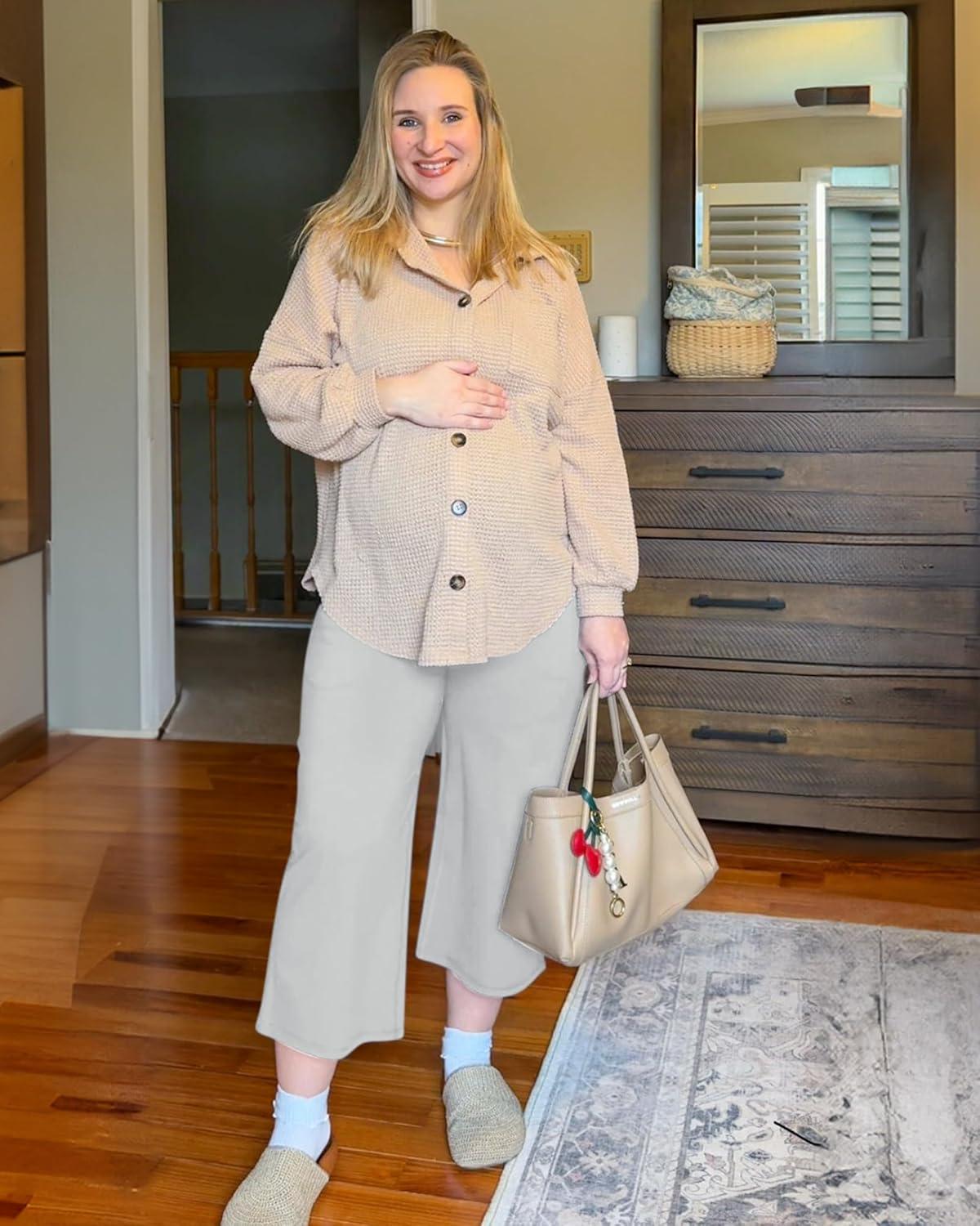 imageG4Free Wide Leg Maternity Yoga Capris Over The Belly Stretch Pregnancy Cropped Pants with PocketsLight Gray