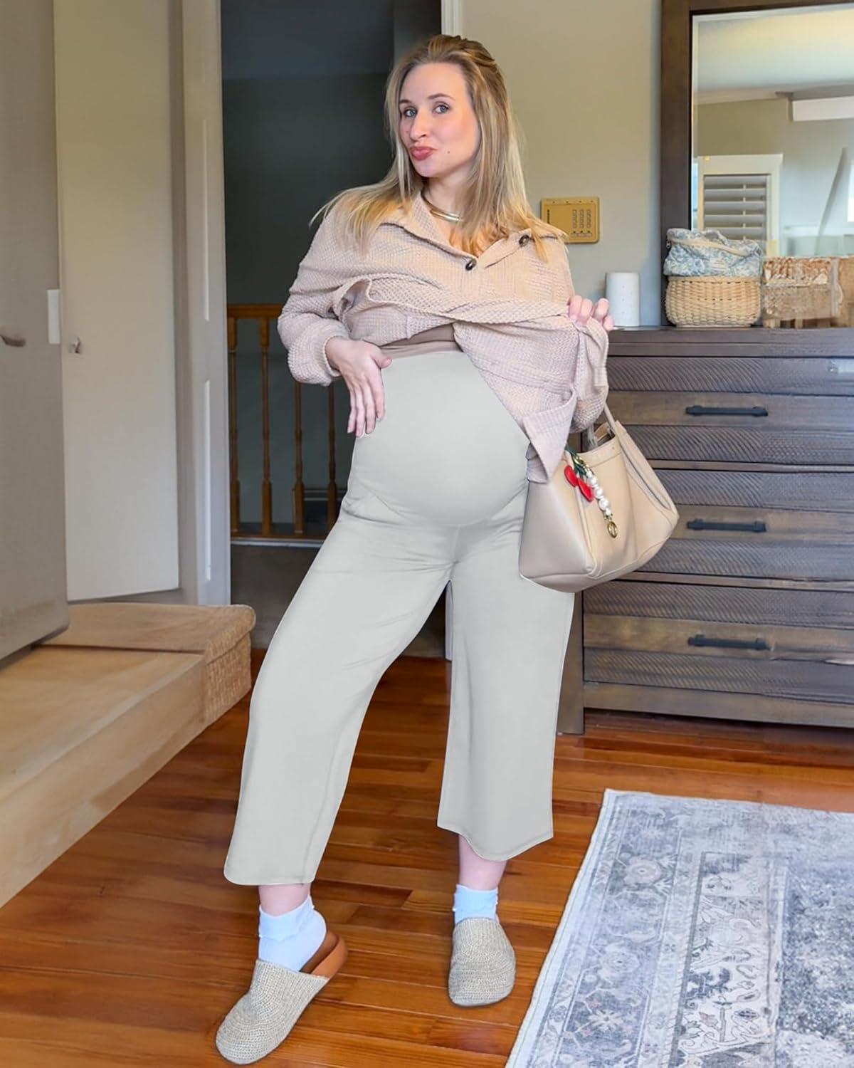 imageG4Free Wide Leg Maternity Yoga Capris Over The Belly Stretch Pregnancy Cropped Pants with PocketsLight Gray