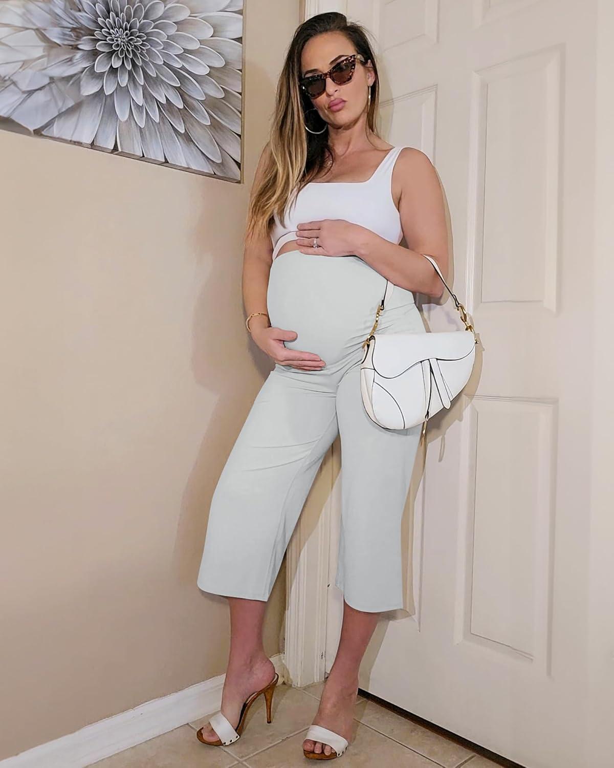 imageG4Free Wide Leg Maternity Yoga Capris Over The Belly Stretch Pregnancy Cropped Pants with PocketsLight Gray