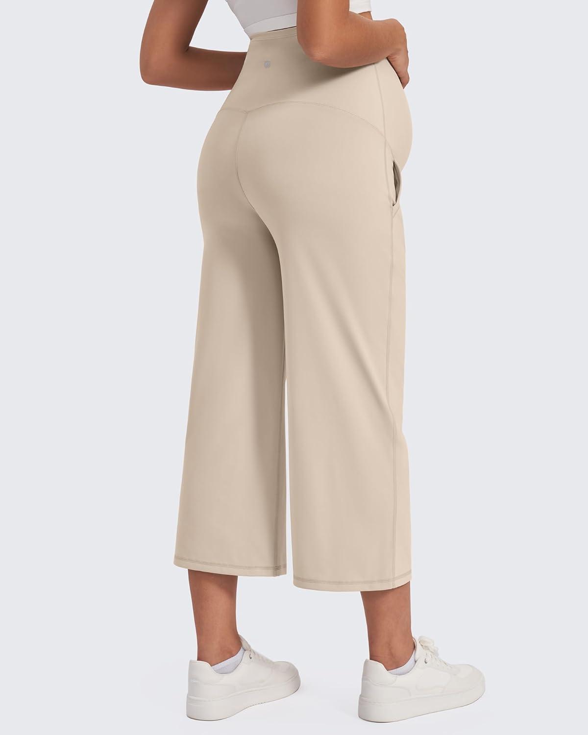 imageG4Free Wide Leg Maternity Yoga Capris Over The Belly Stretch Pregnancy Cropped Pants with PocketsLight Khaki