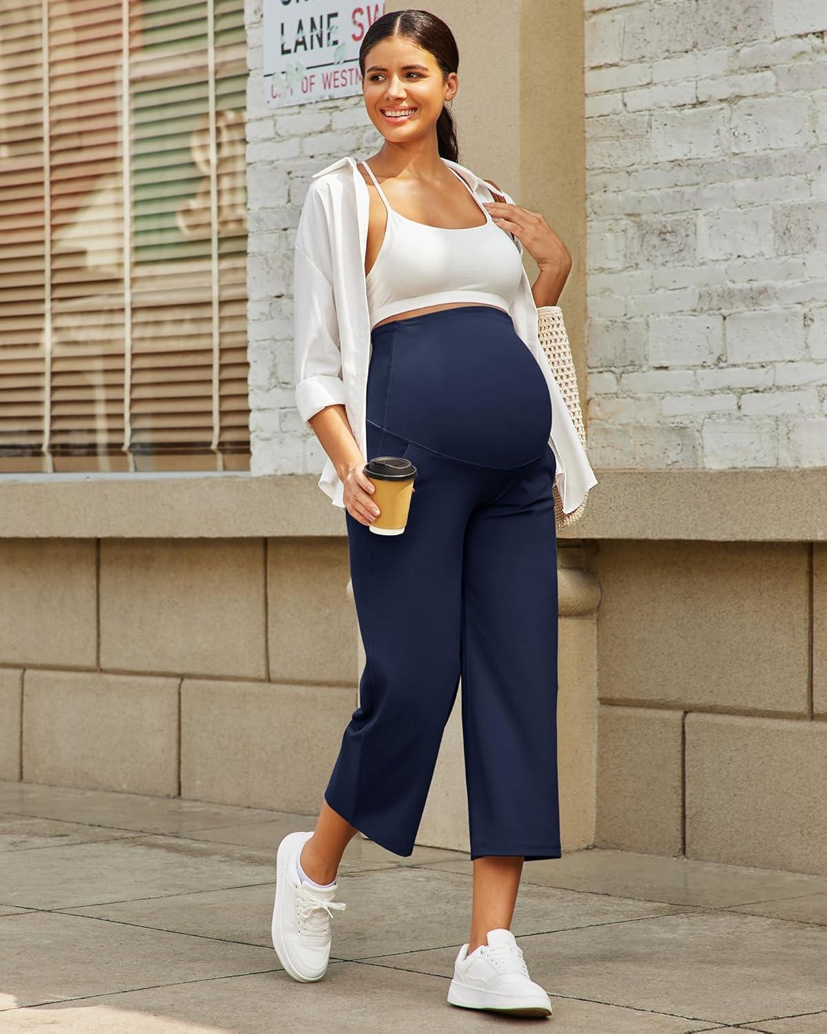 imageG4Free Wide Leg Maternity Yoga Capris Over The Belly Stretch Pregnancy Cropped Pants with PocketsRoyal Blue