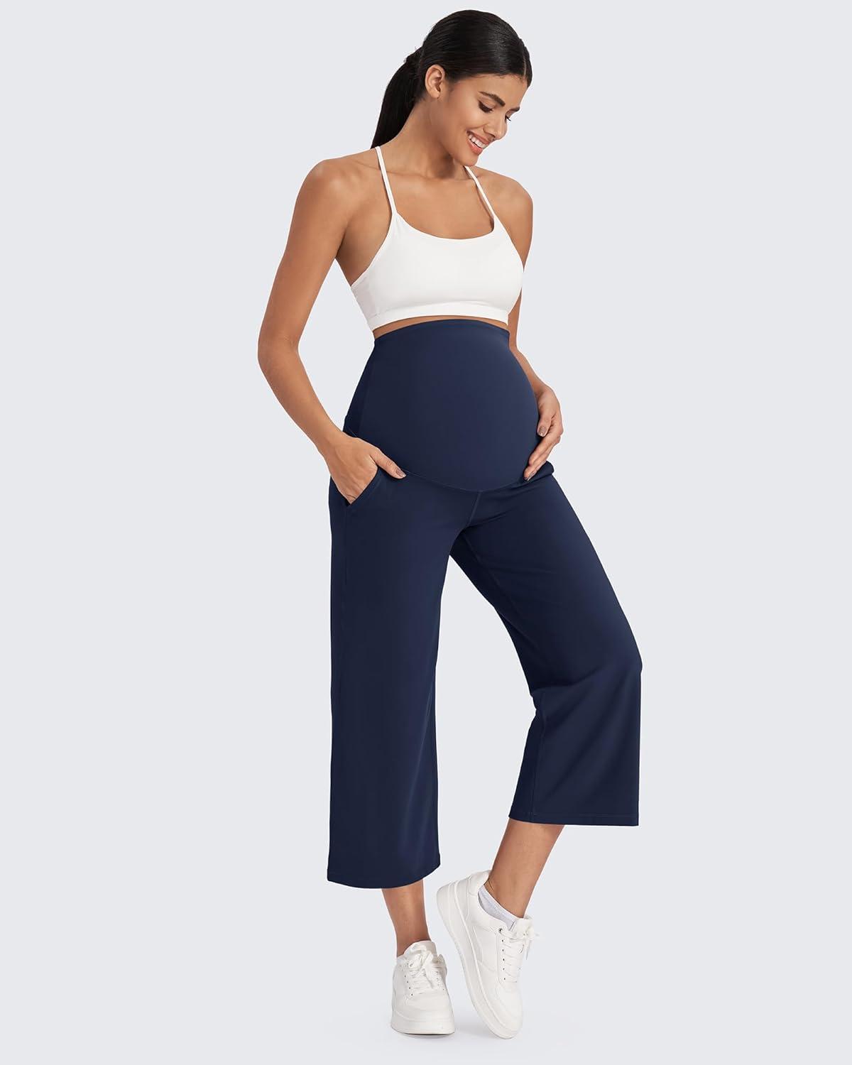 imageG4Free Wide Leg Maternity Yoga Capris Over The Belly Stretch Pregnancy Cropped Pants with PocketsRoyal Blue