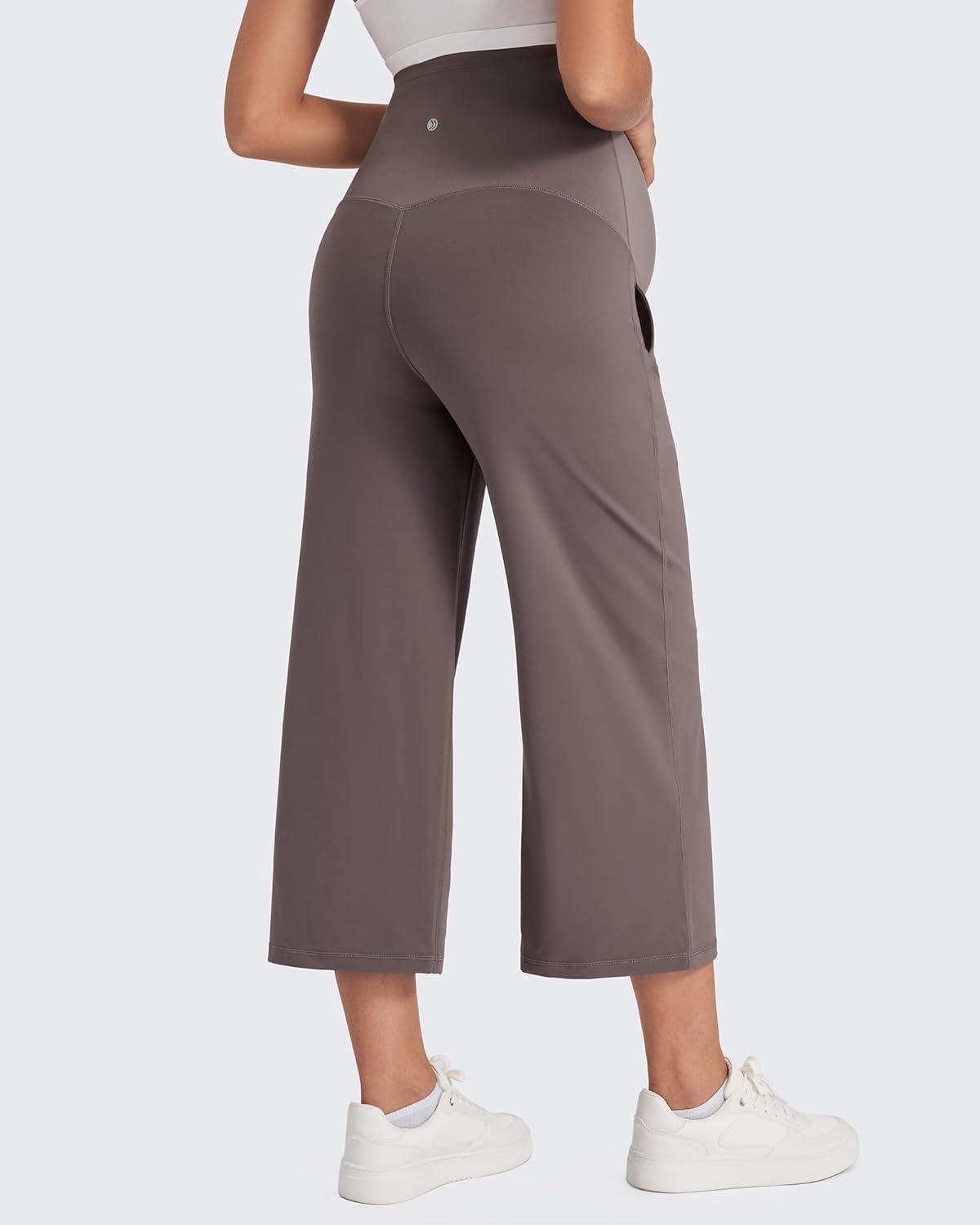 imageG4Free Wide Leg Maternity Yoga Capris Over The Belly Stretch Pregnancy Cropped Pants with PocketsTaupe