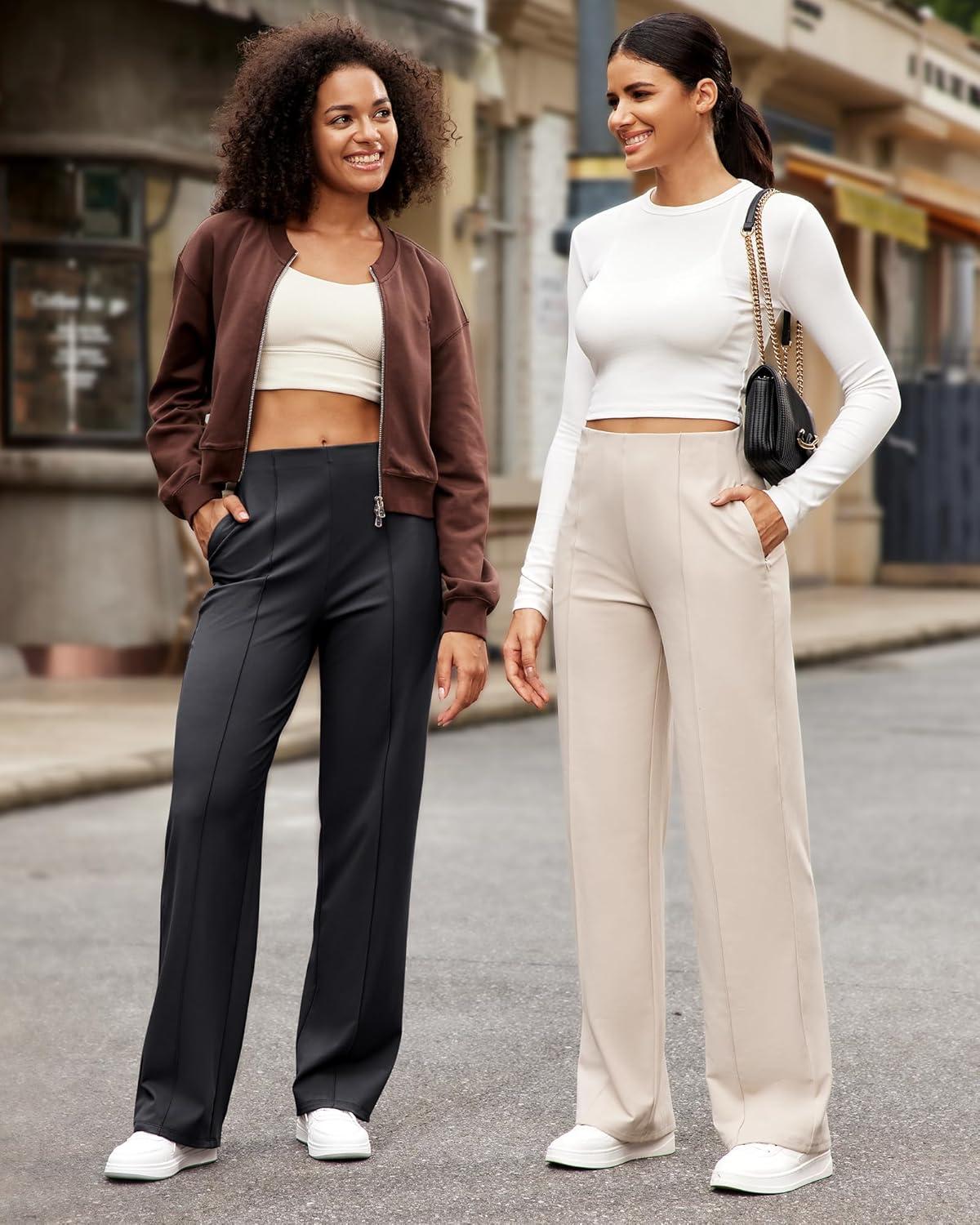 imageG4Free Wide Leg Pants for Women High Waisted Yoga Pants with Pockets Stretch Casual Lounge PantsBlack