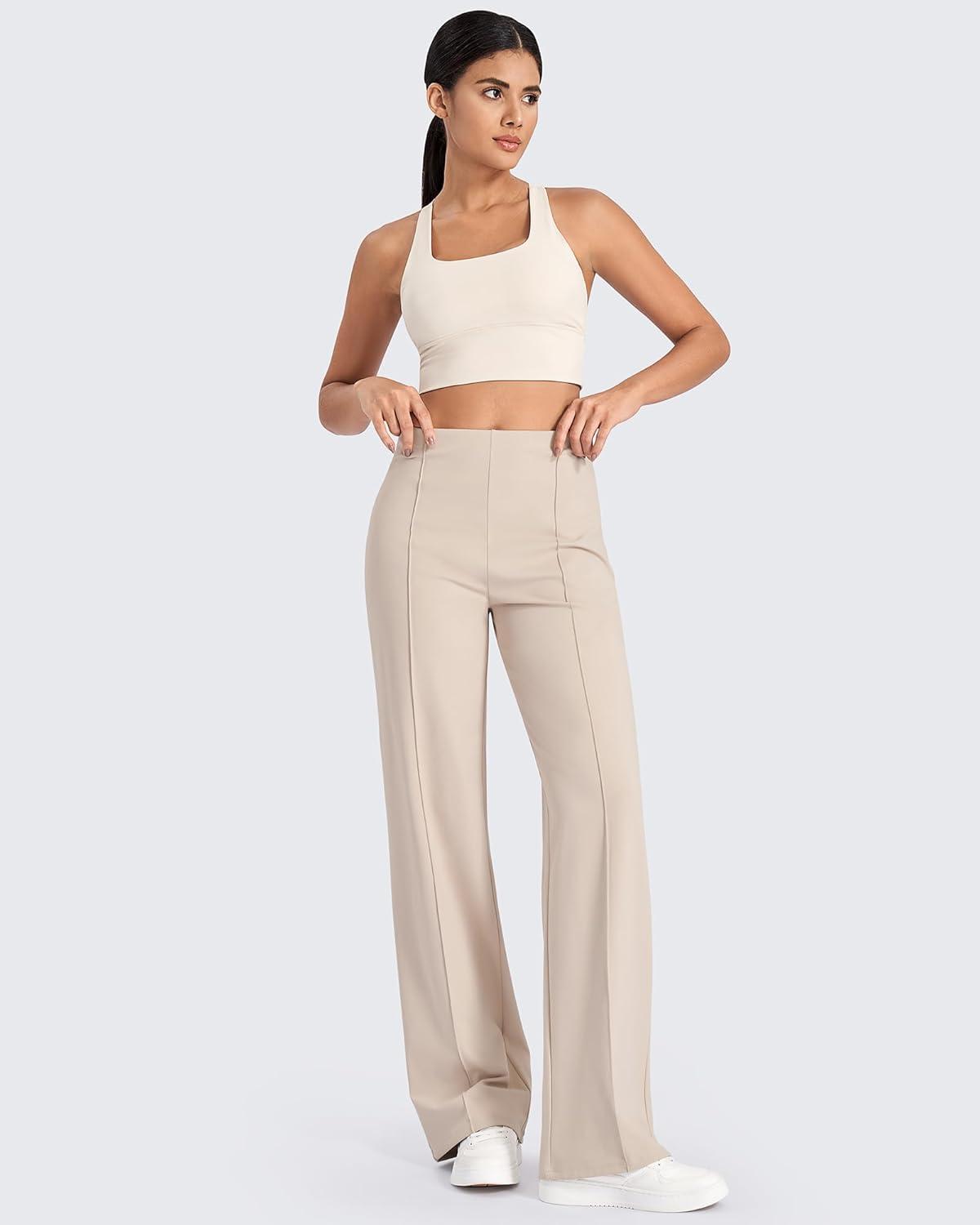 imageG4Free Wide Leg Pants for Women High Waisted Yoga Pants with Pockets Stretch Casual Lounge PantsKhaki