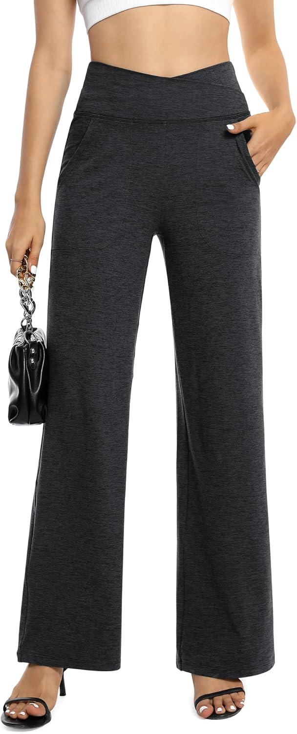 imageG4Free Wide Leg Pants for Women Loose Yoga Pants with Pockets PetiteRegularTall Stretch Casual Lounge PantsCharcoal Heather