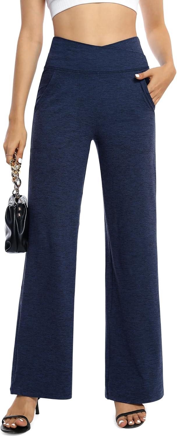 imageG4Free Wide Leg Pants for Women Loose Yoga Pants with Pockets PetiteRegularTall Stretch Casual Lounge PantsNavy Heather