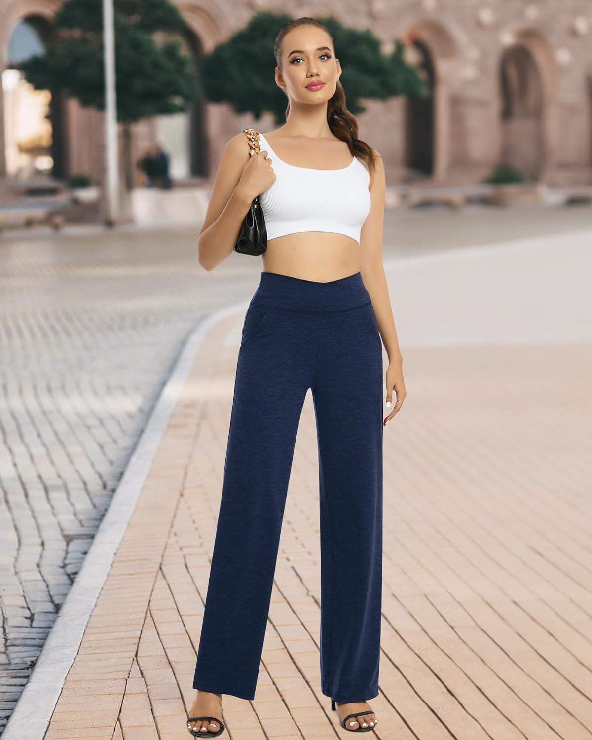 imageG4Free Wide Leg Pants for Women Loose Yoga Pants with Pockets PetiteRegularTall Stretch Casual Lounge PantsNavy Heather
