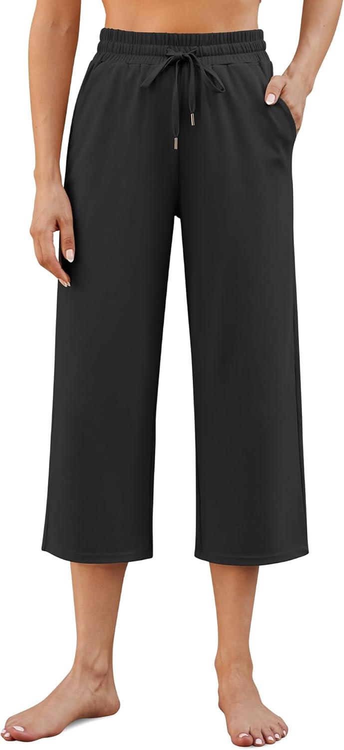 imageG4Free Wide Leg Pants for Women Yoga Capris with Pockets Drawstring Casual Cropped Pants for SummerBlack