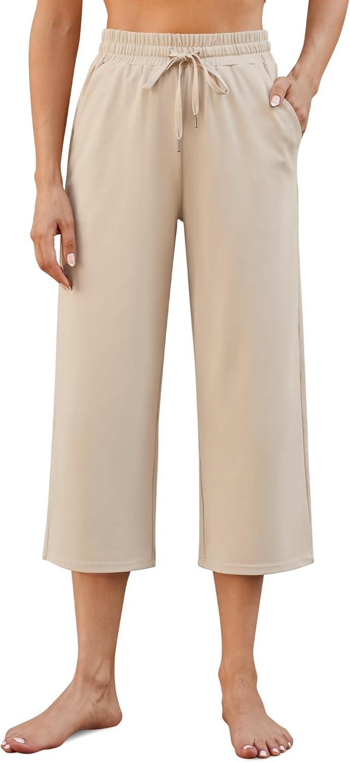 imageG4Free Wide Leg Pants for Women Yoga Capris with Pockets Drawstring Casual Cropped Pants for SummerLight Khaki