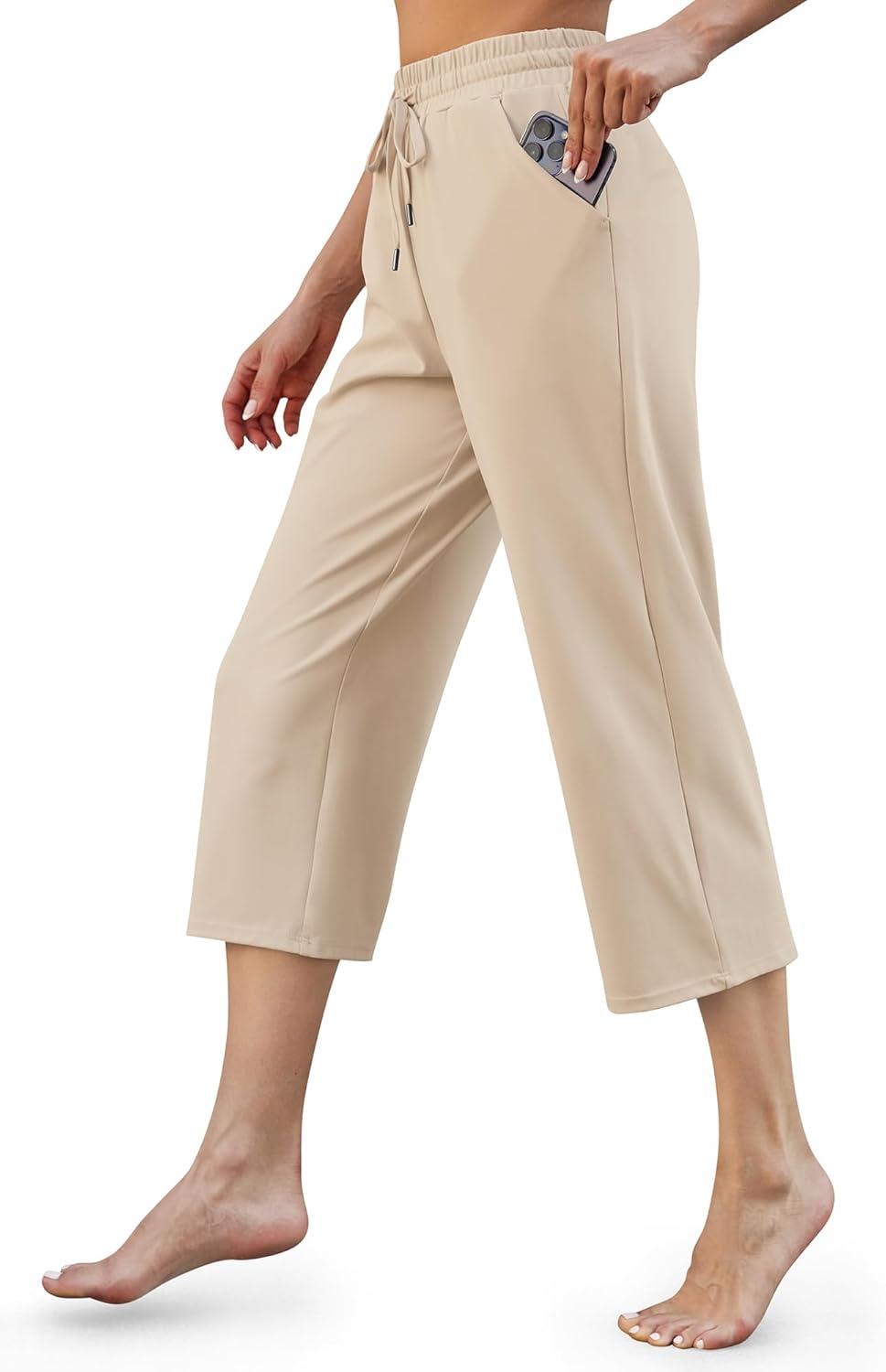 imageG4Free Wide Leg Pants for Women Yoga Capris with Pockets Drawstring Casual Cropped Pants for SummerLight Khaki